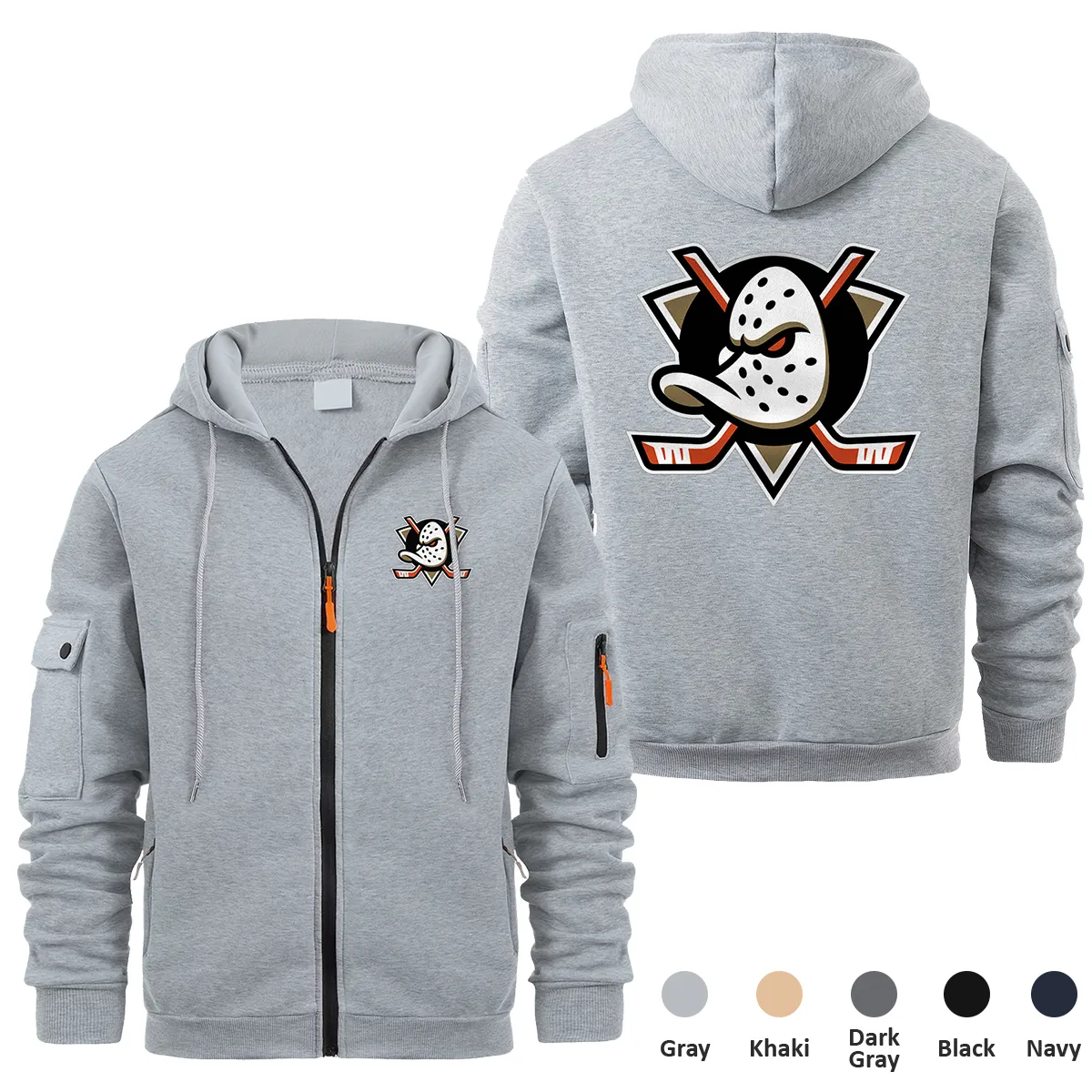 Anaheim Ducks NHL Exclusive Logo Full Zipper Sweatshirt Hoodie with Arm Pocket MFY241114ADFZH - Gray