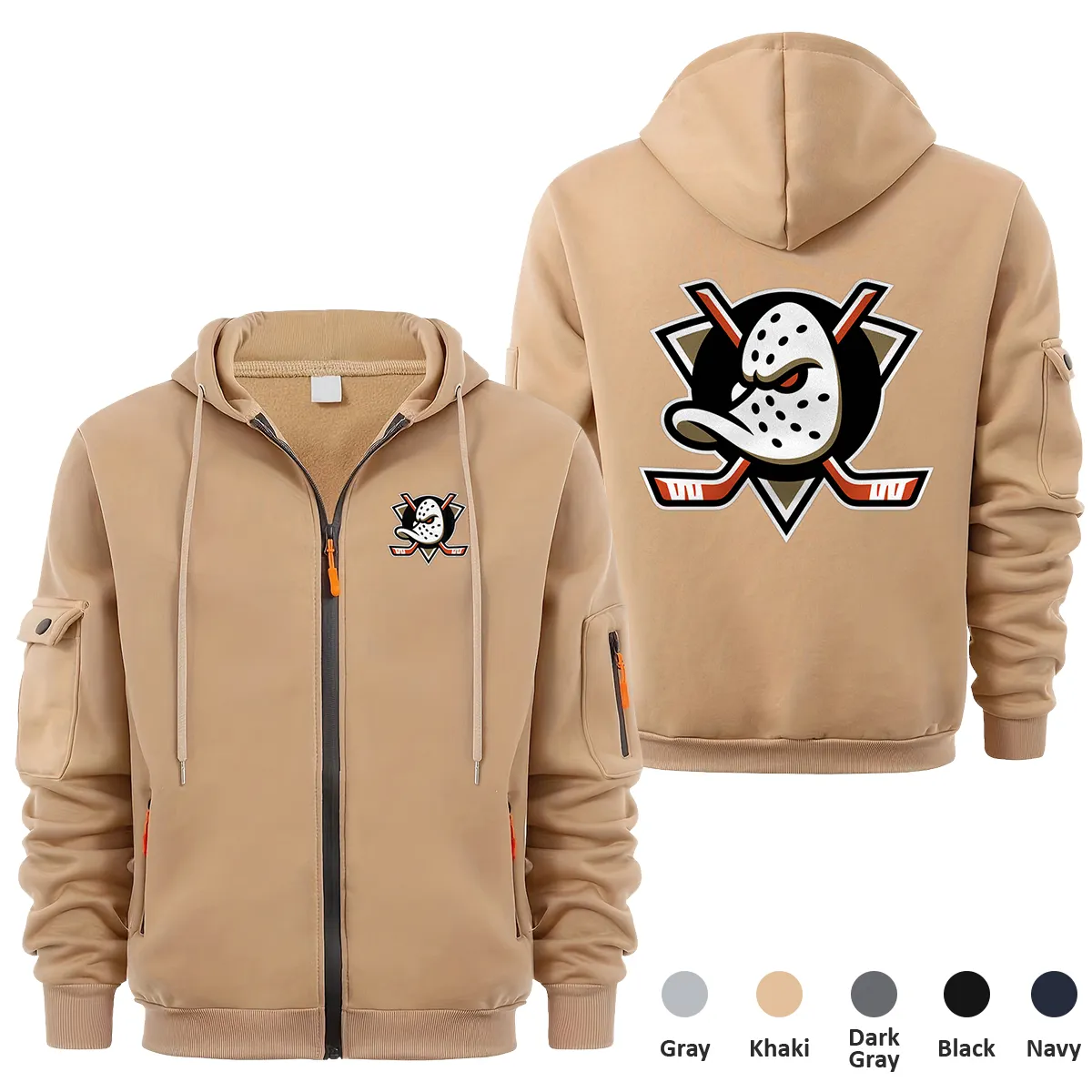 Anaheim Ducks NHL Exclusive Logo Full Zipper Sweatshirt Hoodie with Arm Pocket MFY241114ADFZH - Khaki