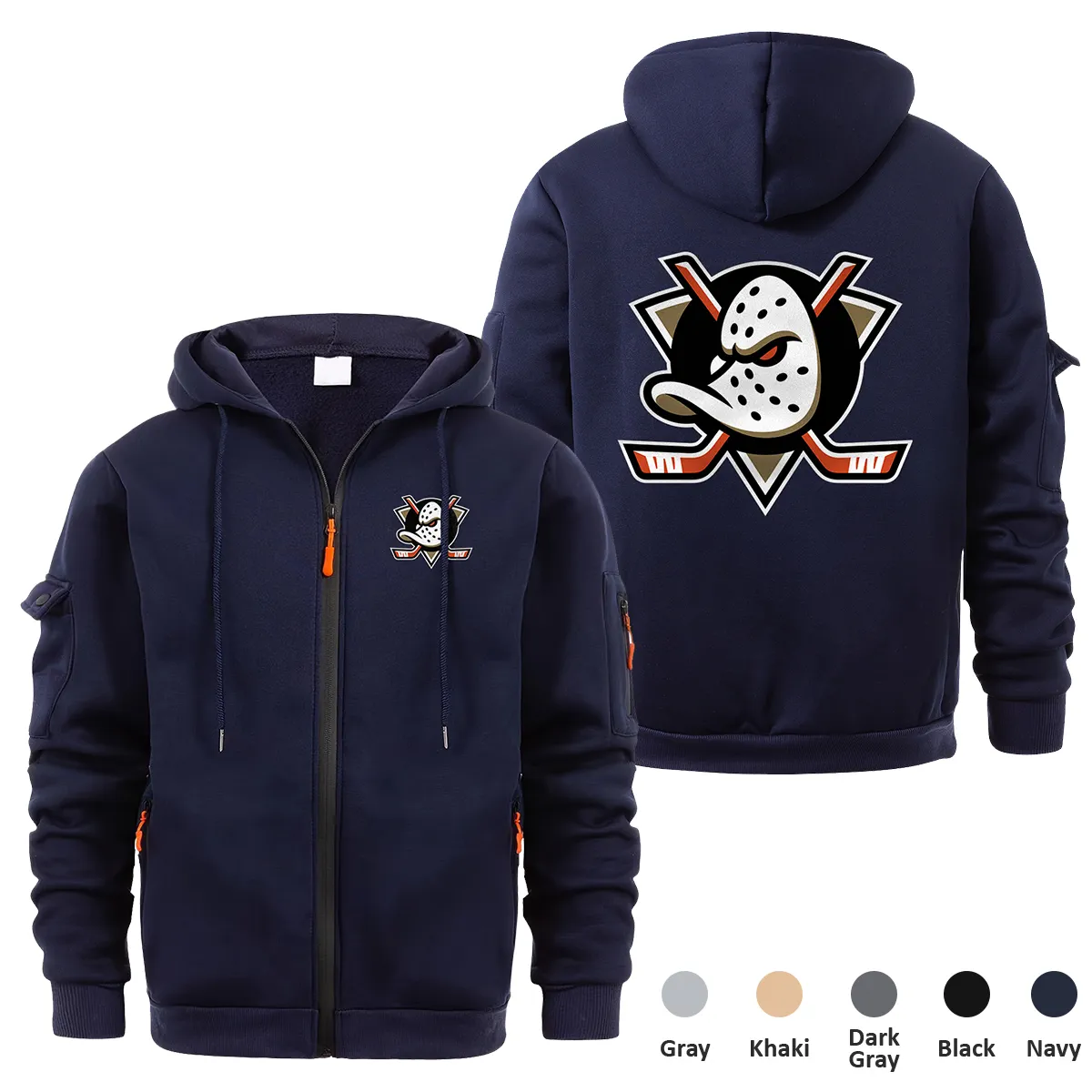 Anaheim Ducks NHL Exclusive Logo Full Zipper Sweatshirt Hoodie with Arm Pocket MFY241114ADFZH - Navy