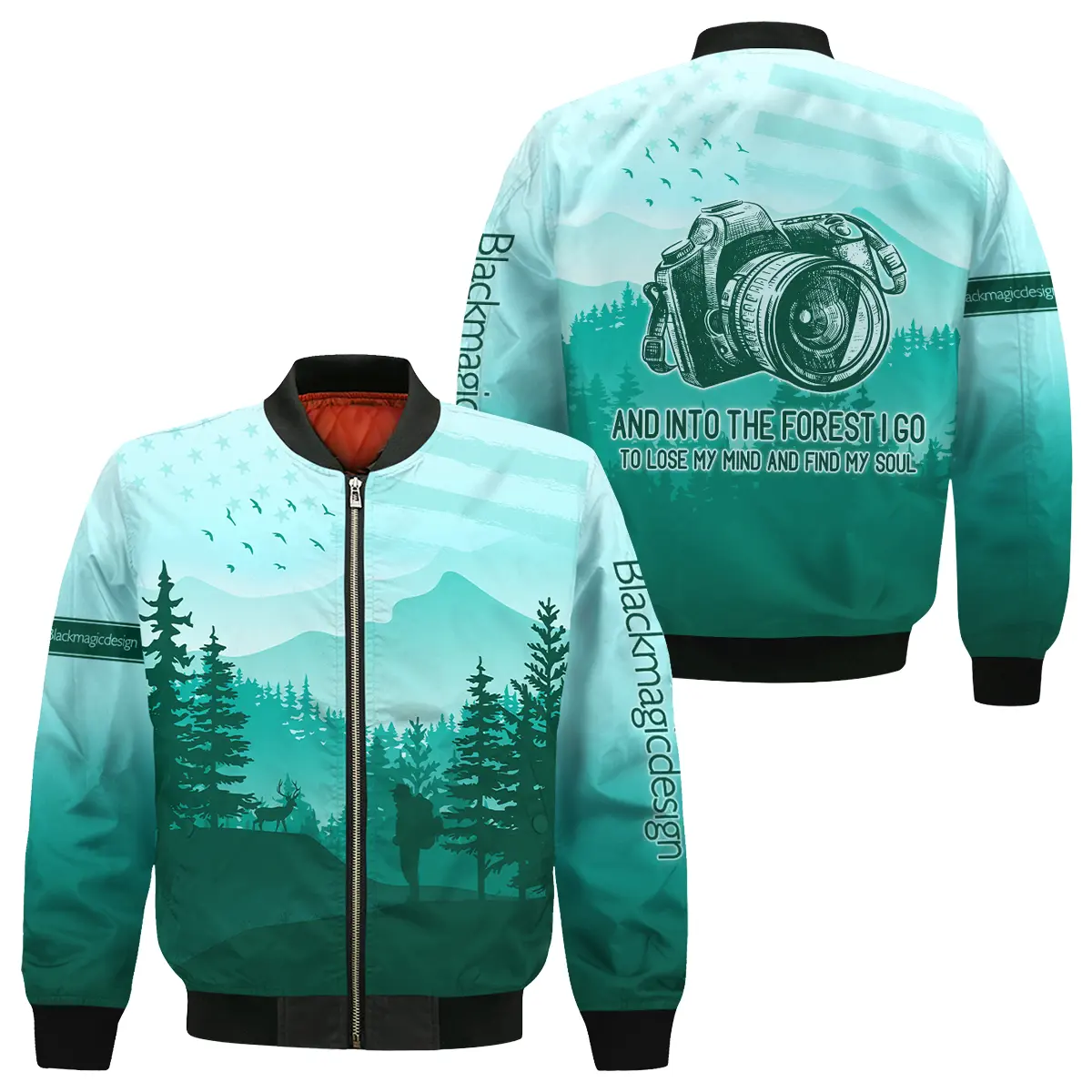 And Into The Forest I Go To Lose My Mind And Find My Soul Blackmagic Design Photography Videography All Over Prints Bomber Jacket MFY241114A1BMD