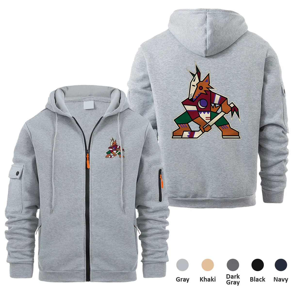 Arizona Coyotes NHL Exclusive Logo Full Zipper Sweatshirt Hoodie with Arm Pocket MFY241114ACFZH - Gray