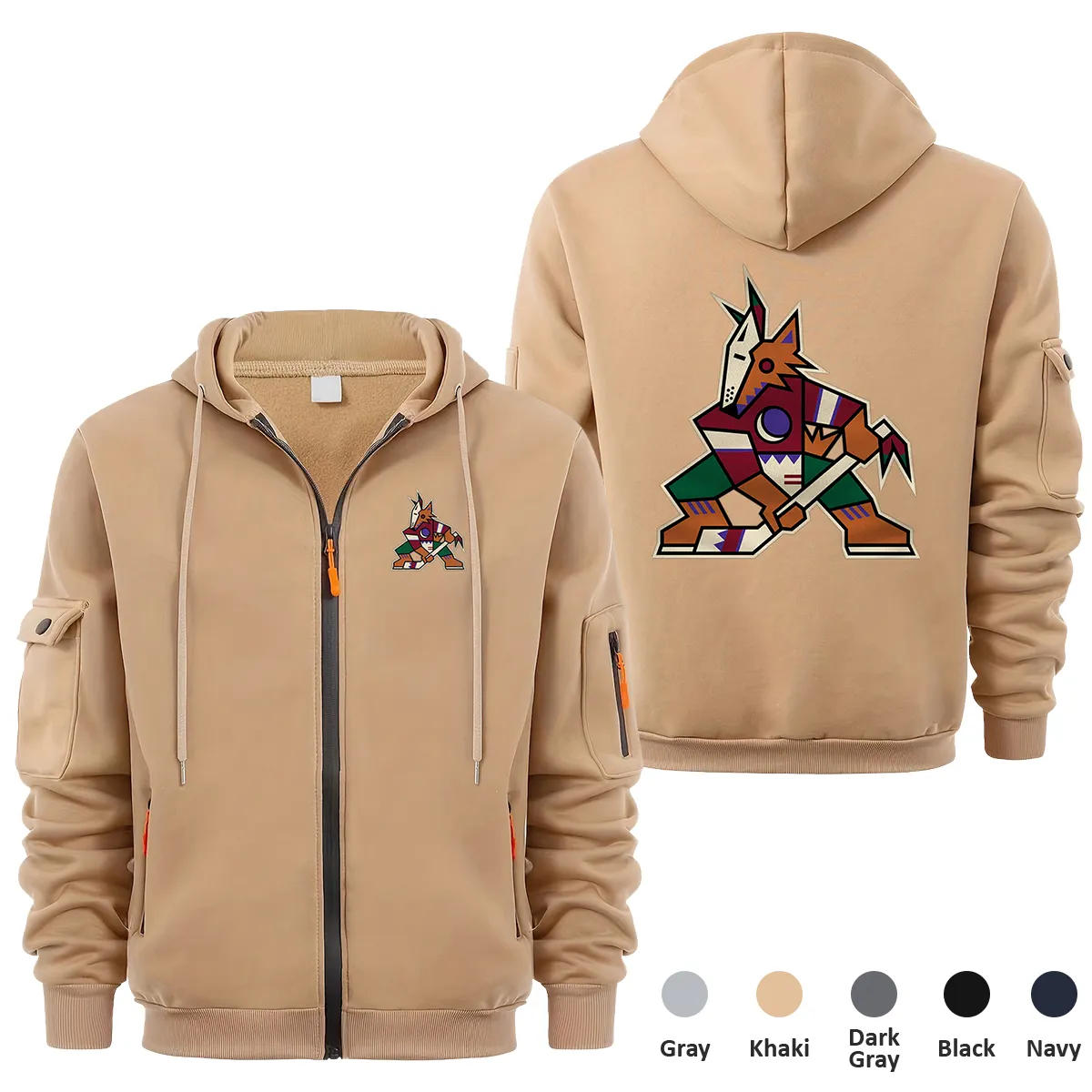 Arizona Coyotes NHL Exclusive Logo Full Zipper Sweatshirt Hoodie with Arm Pocket MFY241114ACFZH - Khaki