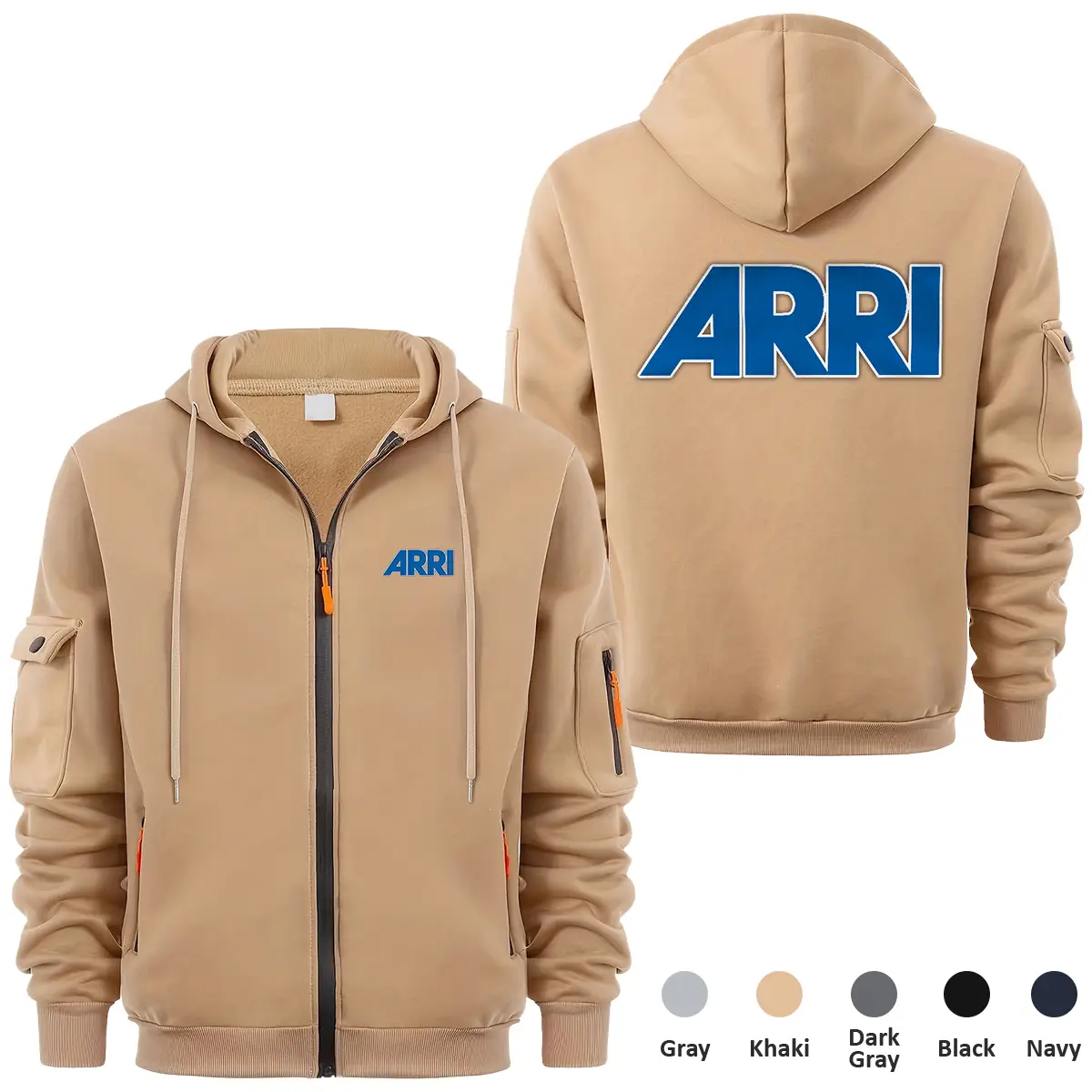 Arri Photography Videography Exclusive Logo Full Zipper Sweatshirt Hoodie with Arm Pocket MFY241114AARFZH - Khaki