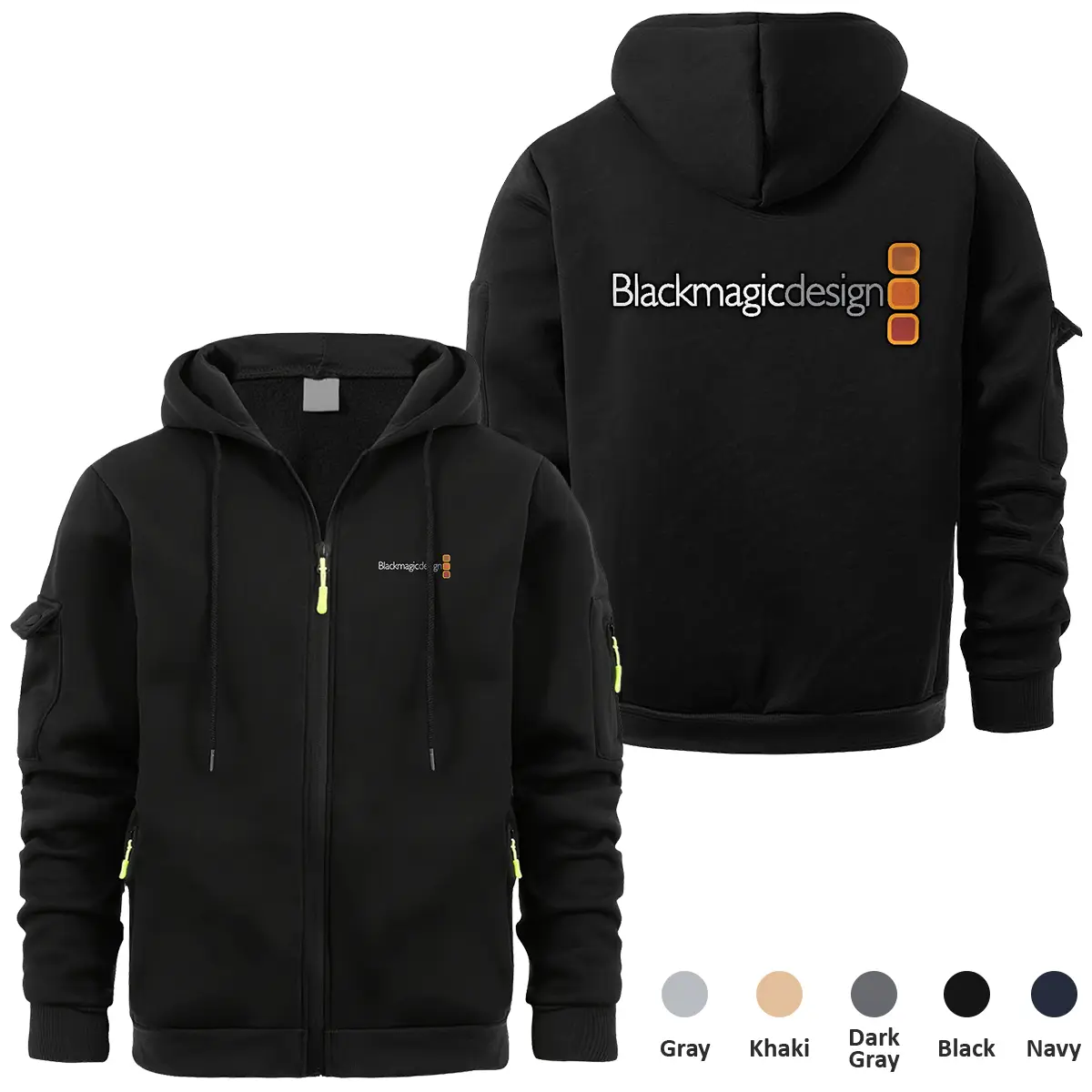 Blackmagic Design Photography Videography Exclusive Logo Full Zipper Sweatshirt Hoodie with Arm Pocket MFY241114ABMDFZH - Black