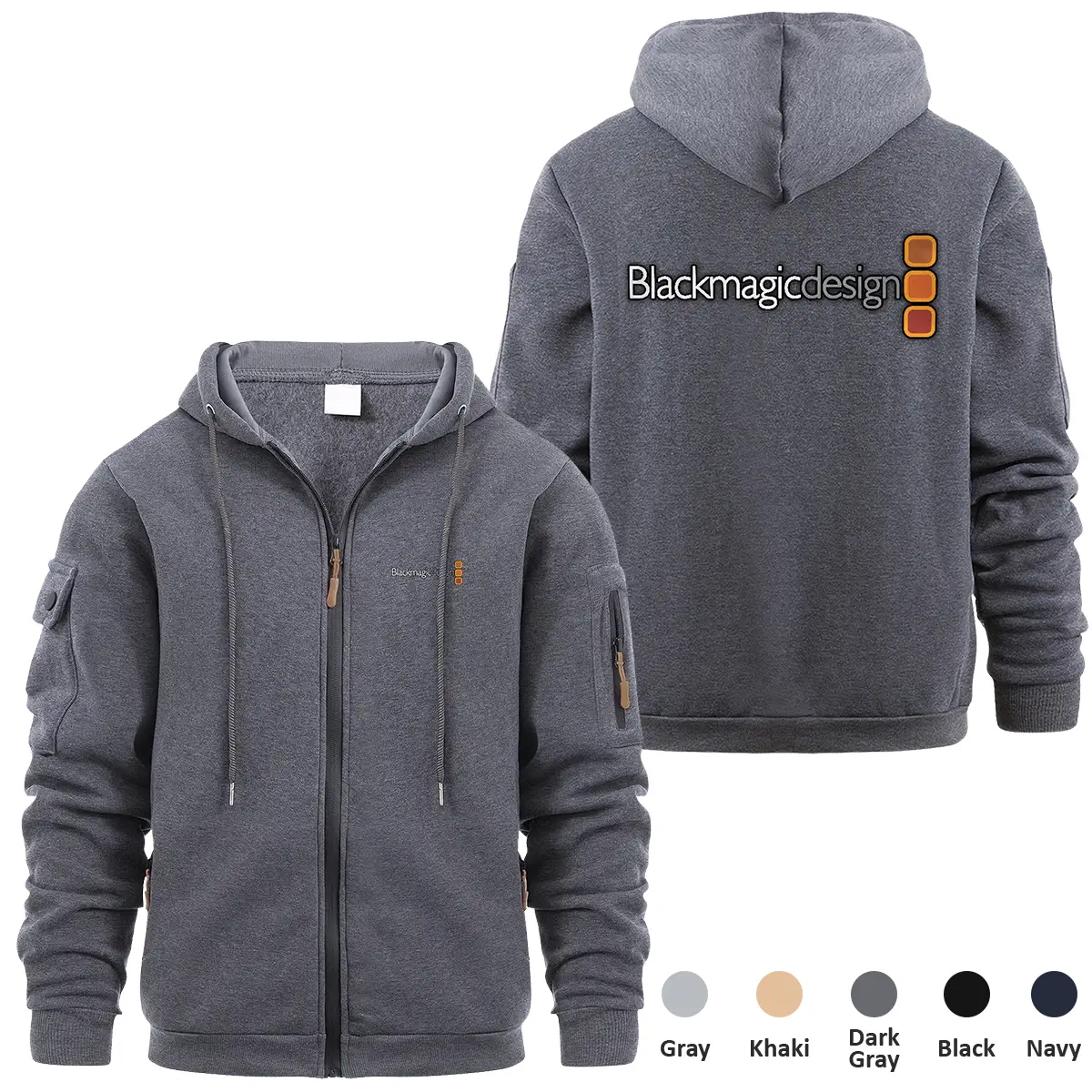 Blackmagic Design Photography Videography Exclusive Logo Full Zipper Sweatshirt Hoodie with Arm Pocket MFY241114ABMDFZH - Dark Gray