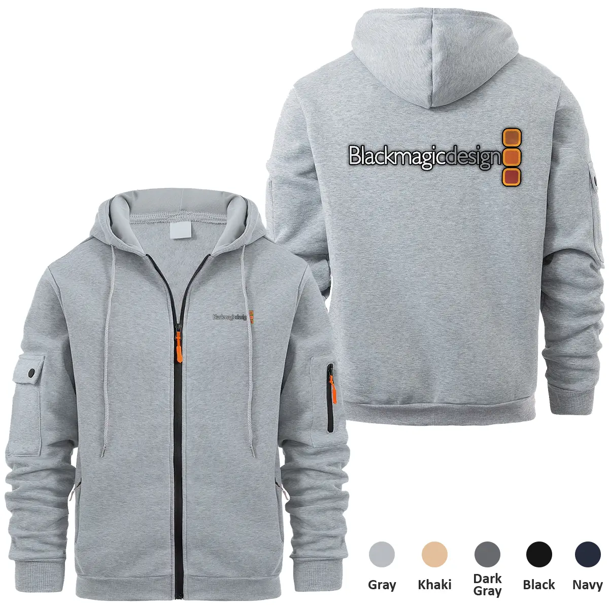 Blackmagic Design Photography Videography Exclusive Logo Full Zipper Sweatshirt Hoodie with Arm Pocket MFY241114ABMDFZH - Gray