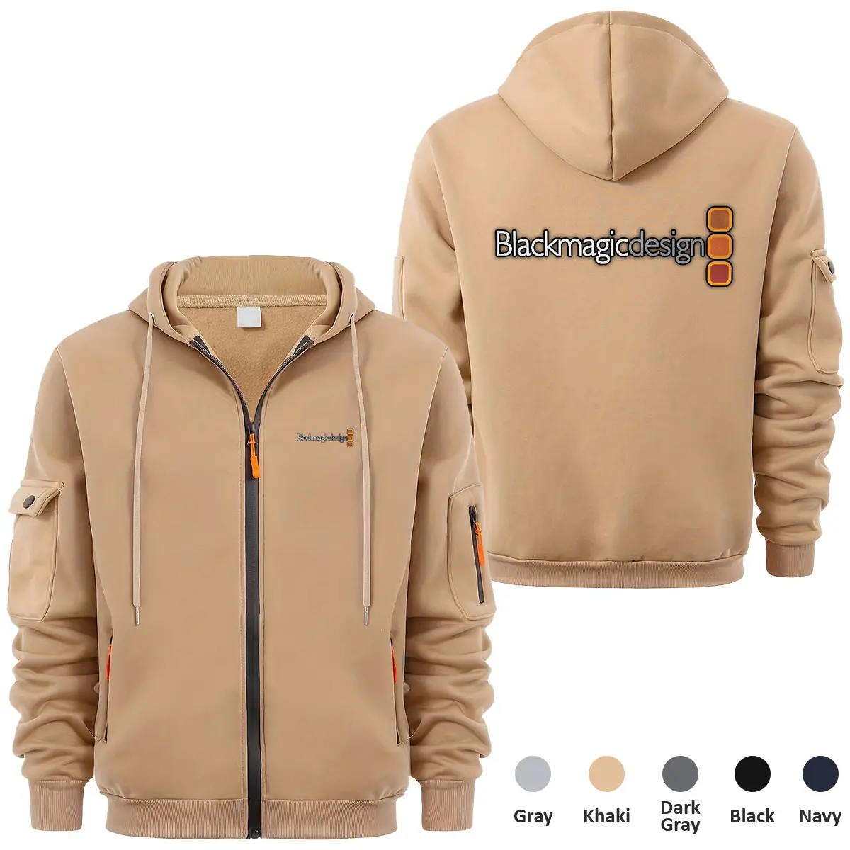 Blackmagic Design Photography Videography Exclusive Logo Full Zipper Sweatshirt Hoodie with Arm Pocket MFY241114ABMDFZH - Khaki