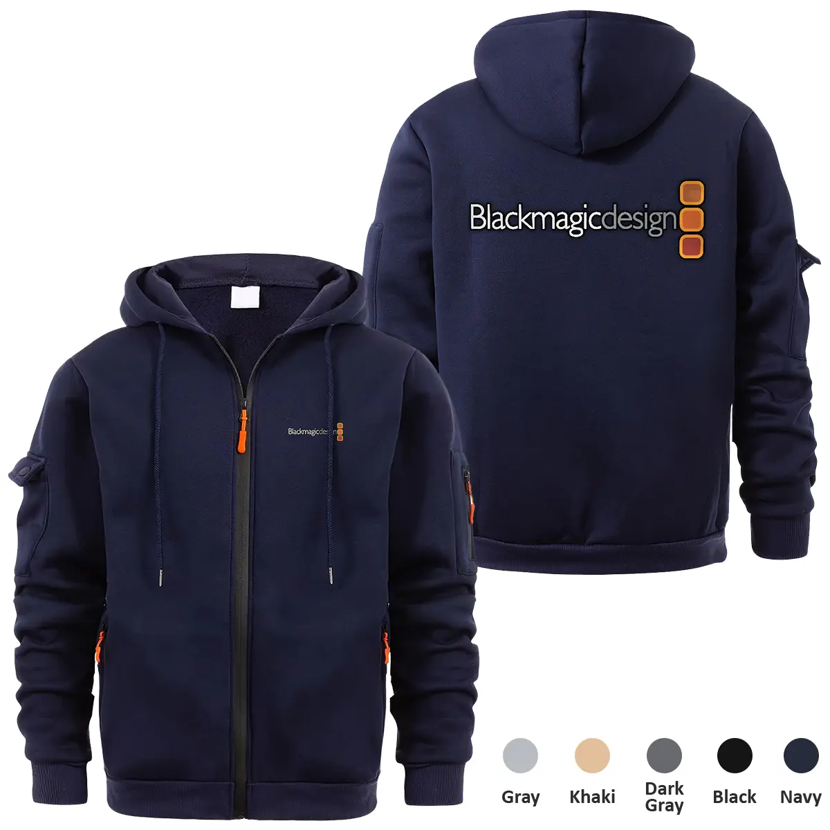 Blackmagic Design Photography Videography Exclusive Logo Full Zipper Sweatshirt Hoodie with Arm Pocket MFY241114ABMDFZH - Navy