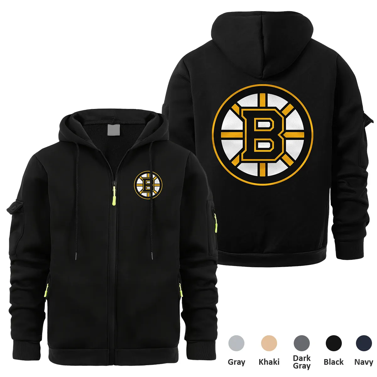 Boston Bruins NHL Exclusive Logo Full Zipper Sweatshirt Hoodie with Arm Pocket MFY241114BBFZH - Black