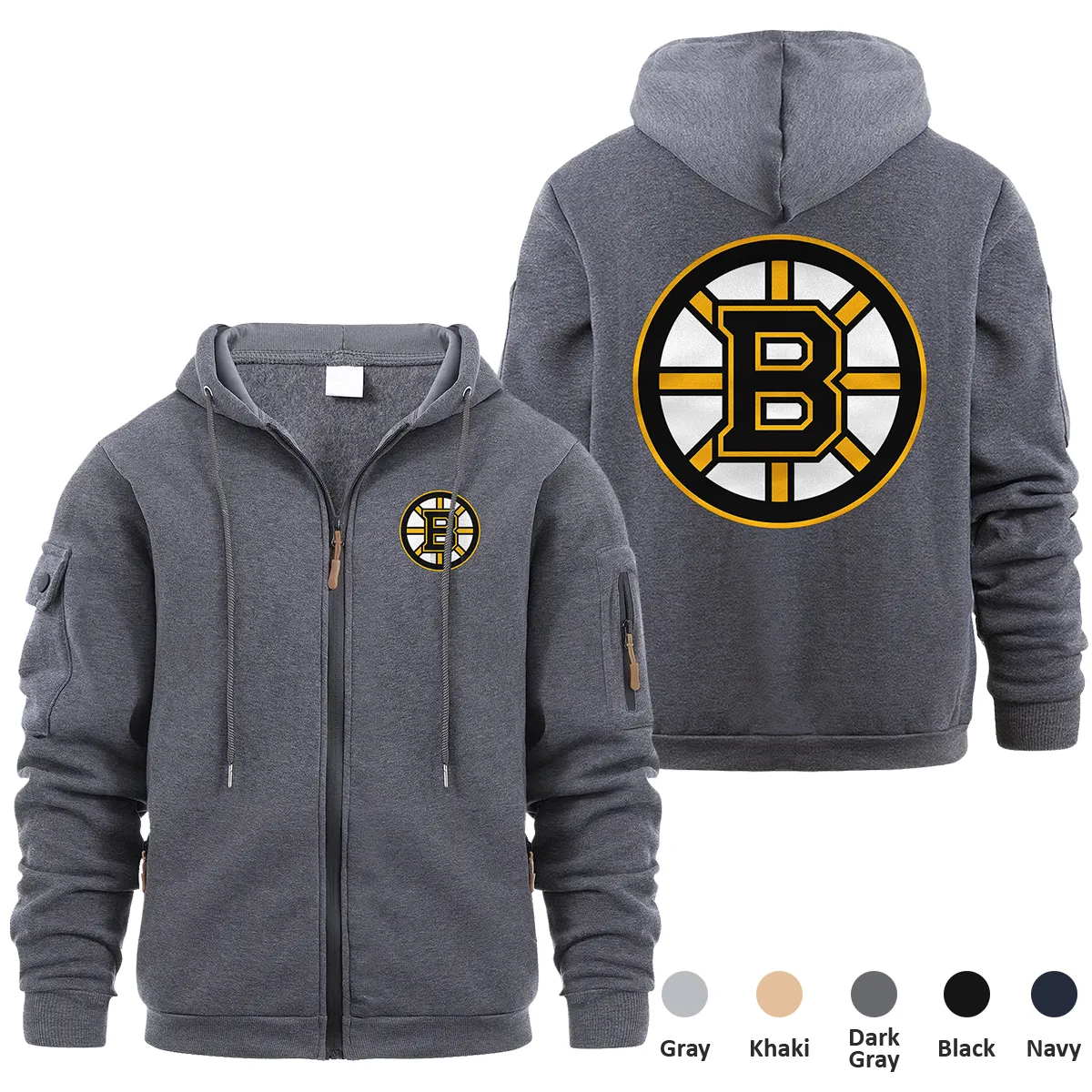 Boston Bruins NHL Exclusive Logo Full Zipper Sweatshirt Hoodie with Arm Pocket MFY241114BBFZH - Dark Gray