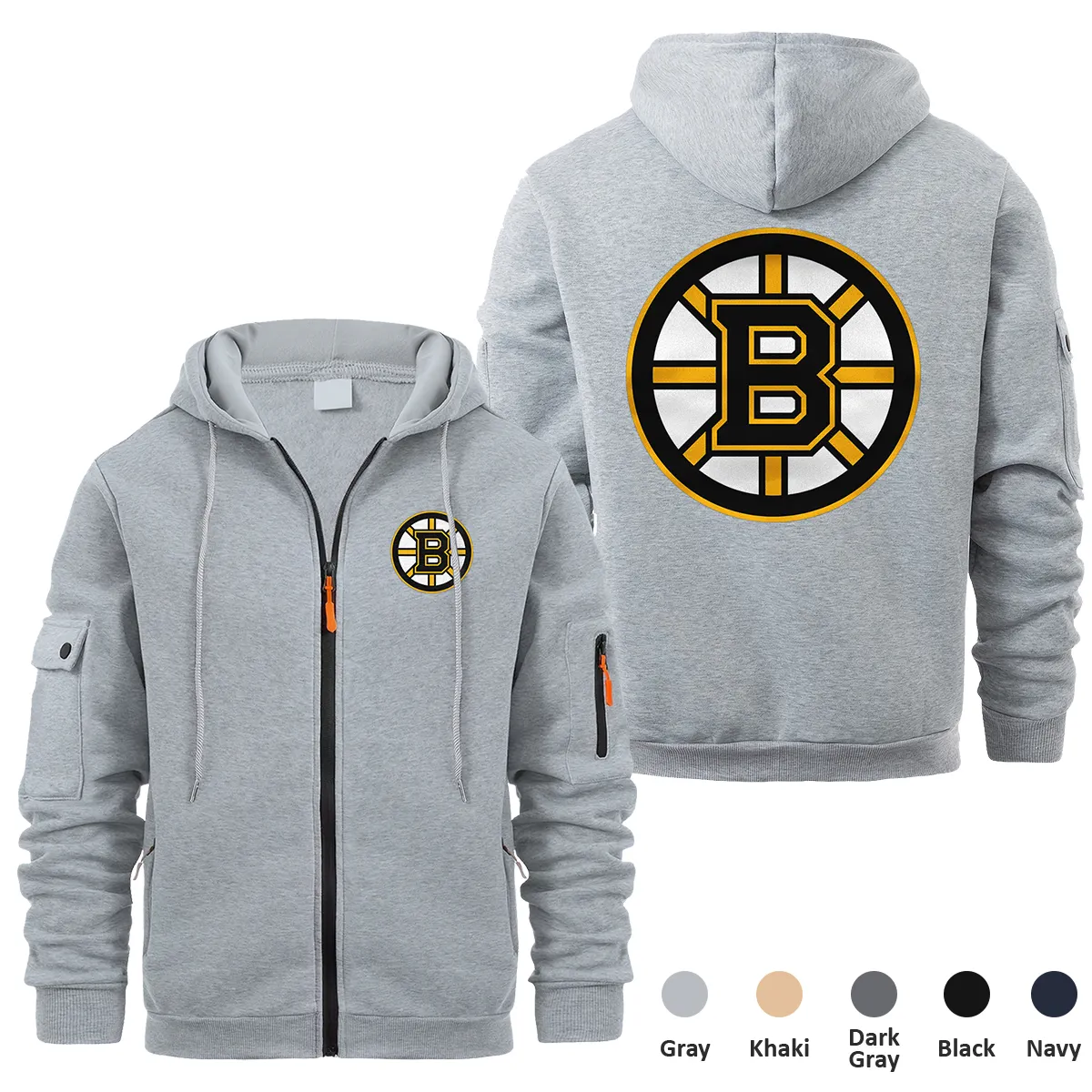 Boston Bruins NHL Exclusive Logo Full Zipper Sweatshirt Hoodie with Arm Pocket MFY241114BBFZH - Gray