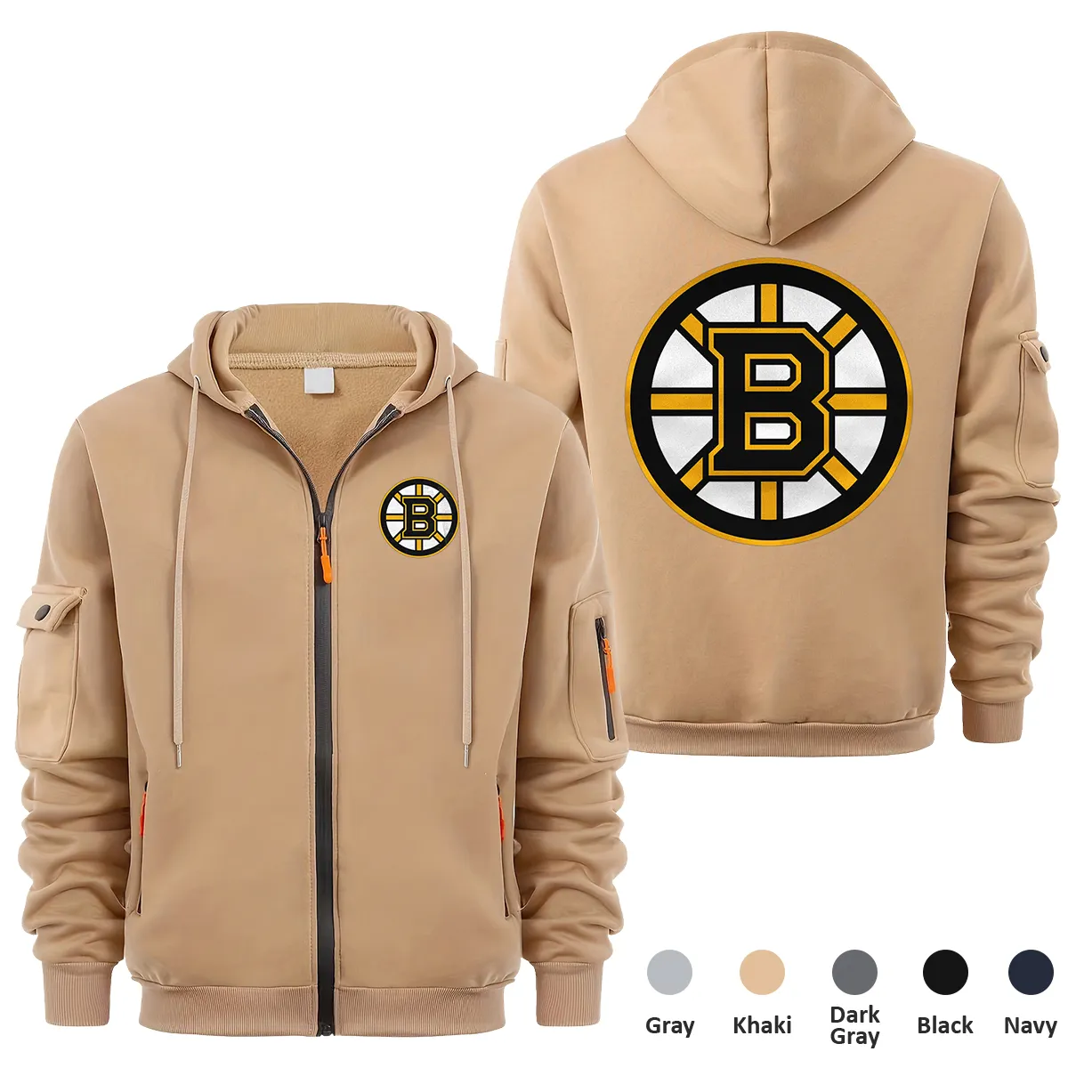 Boston Bruins NHL Exclusive Logo Full Zipper Sweatshirt Hoodie with Arm Pocket MFY241114BBFZH - Khaki