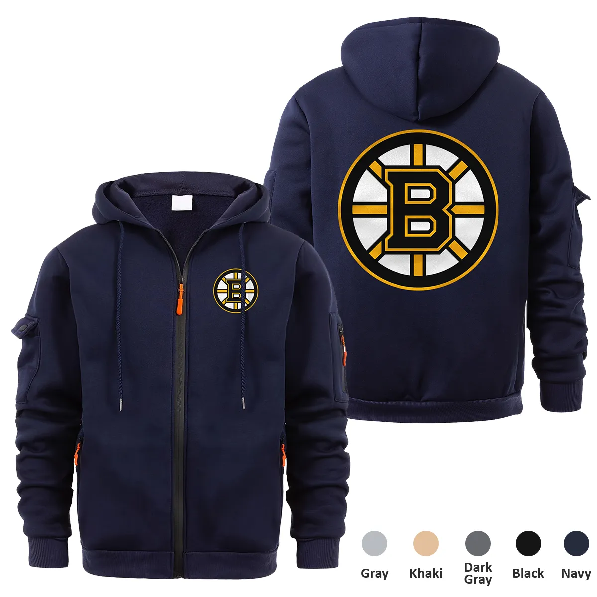 Boston Bruins NHL Exclusive Logo Full Zipper Sweatshirt Hoodie with Arm Pocket MFY241114BBFZH - Navy