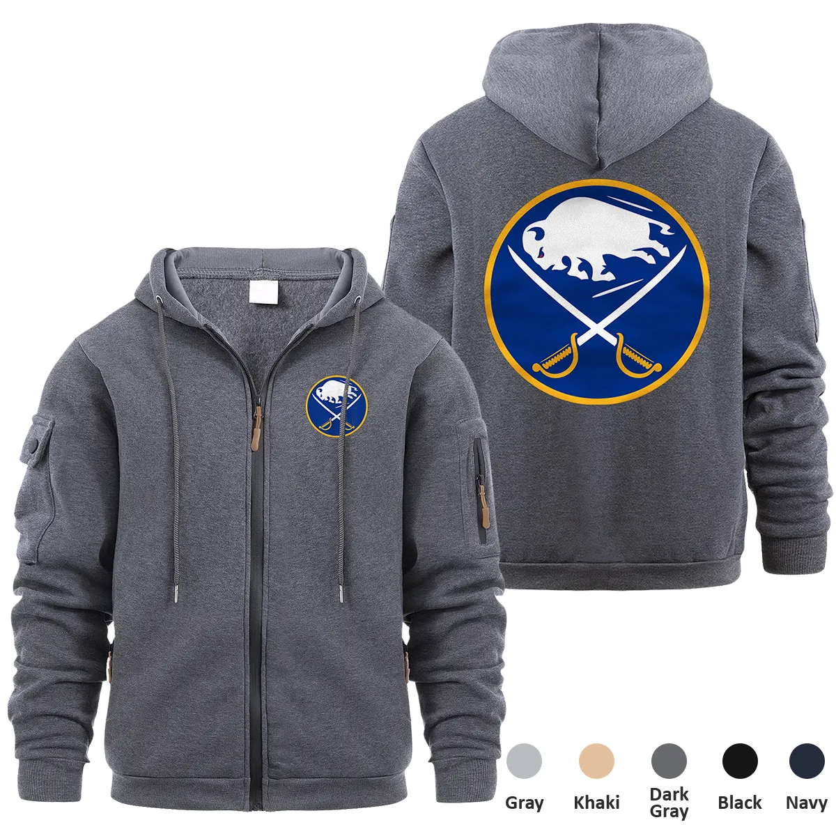 Buffalo Sabres NHL Exclusive Logo Full Zipper Sweatshirt Hoodie with Arm Pocket MFY241114BSFZH - Dark Gray