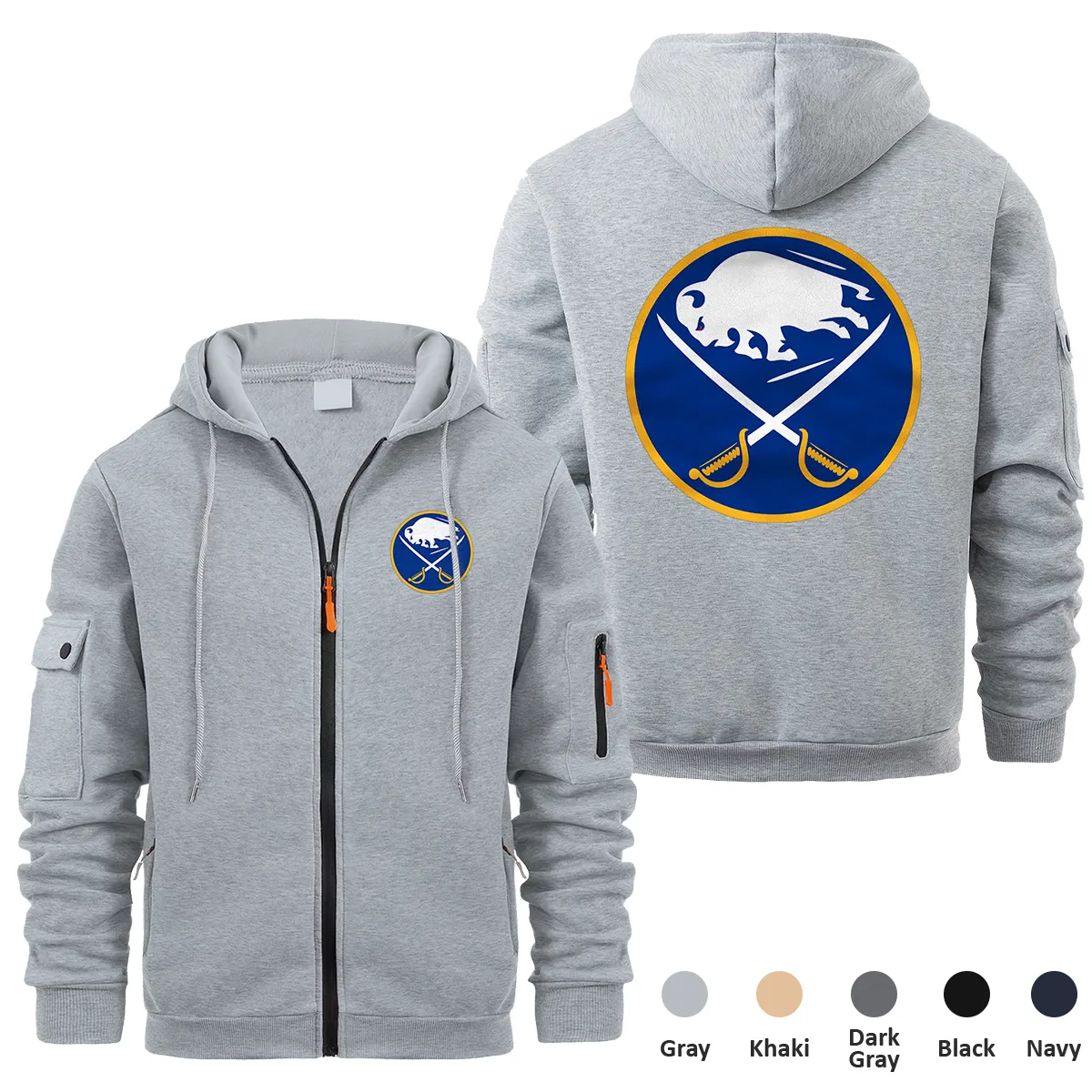 Buffalo Sabres NHL Exclusive Logo Full Zipper Sweatshirt Hoodie with Arm Pocket MFY241114BSFZH - Gray