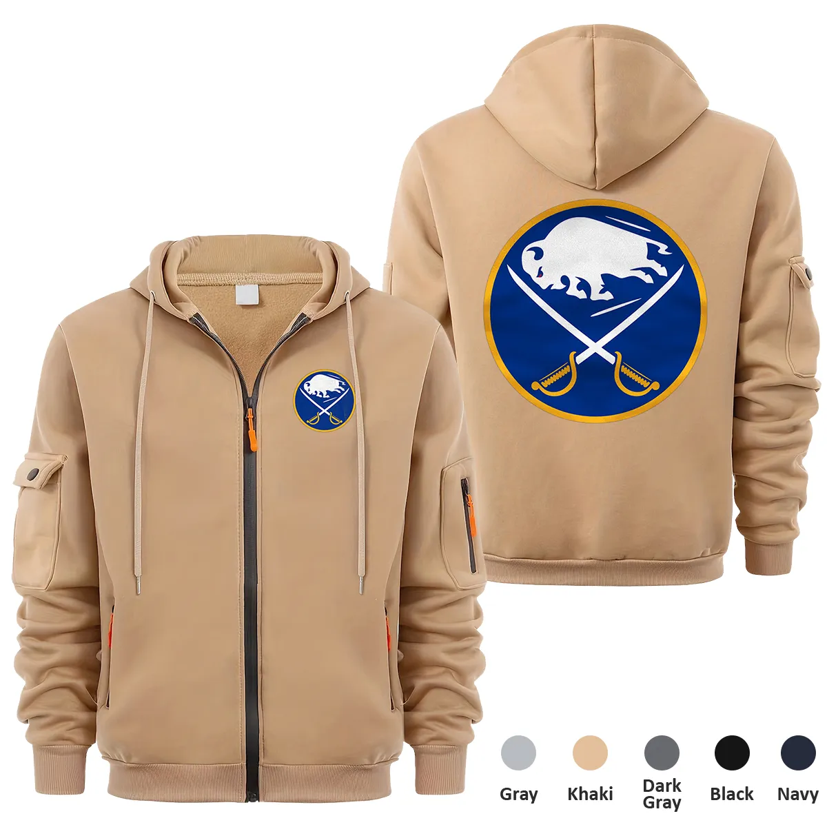 Buffalo Sabres NHL Exclusive Logo Full Zipper Sweatshirt Hoodie with Arm Pocket MFY241114BSFZH - Khaki