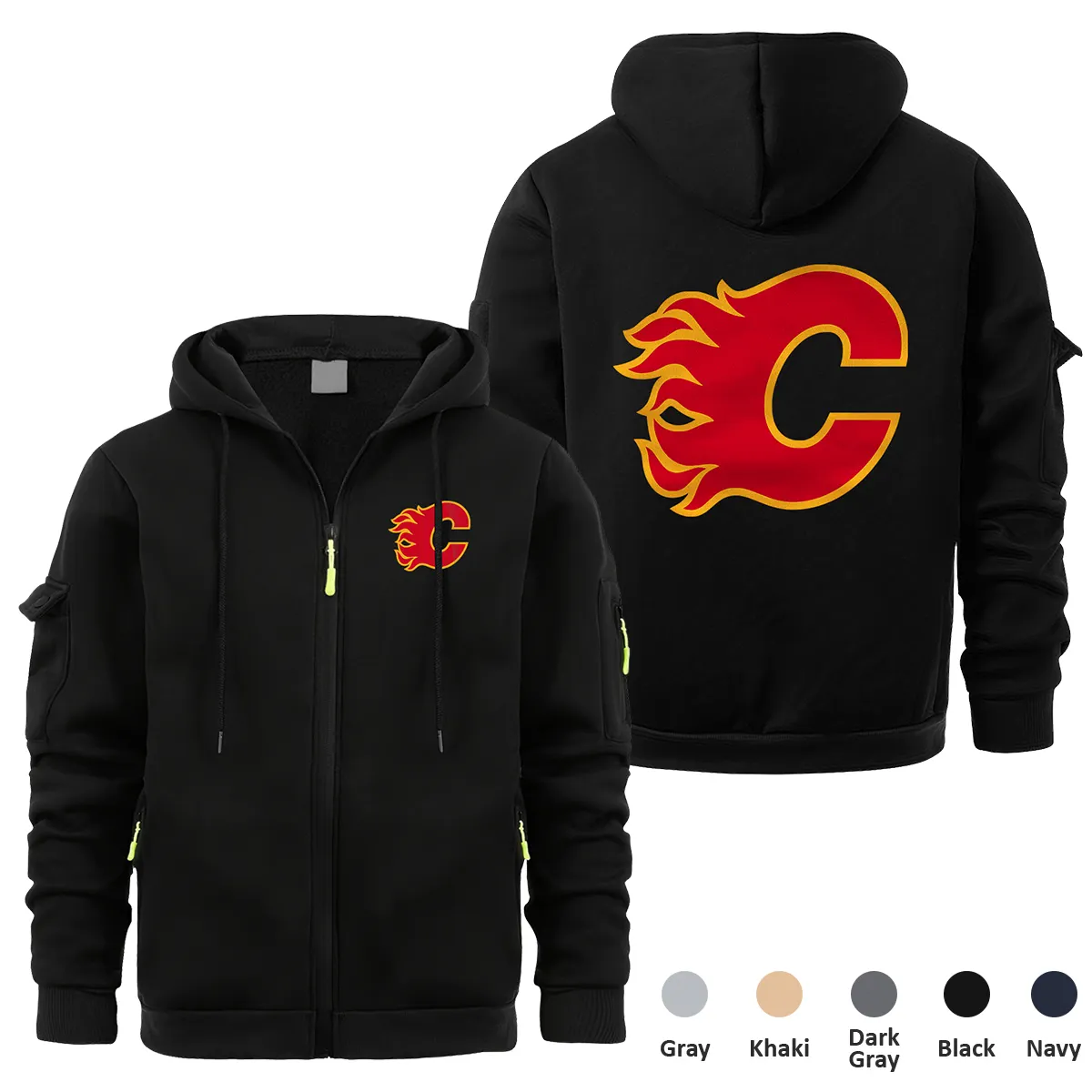 Calgary Flames NHL Exclusive Logo Full Zipper Sweatshirt Hoodie with Arm Pocket MFY241114CFFZH - Black