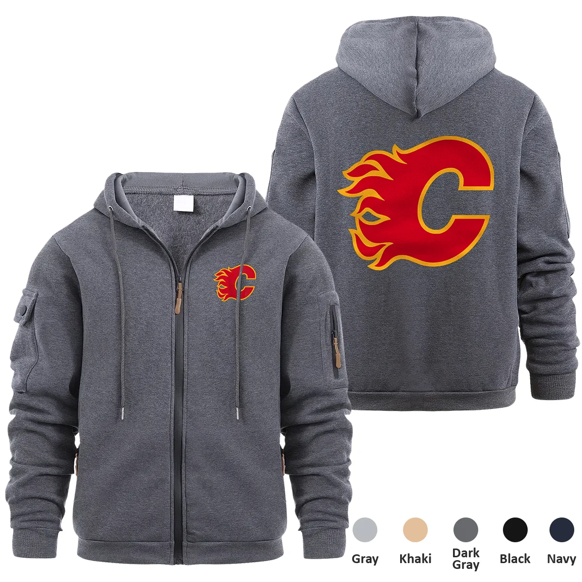 Calgary Flames NHL Exclusive Logo Full Zipper Sweatshirt Hoodie with Arm Pocket MFY241114CFFZH - Dark Gray