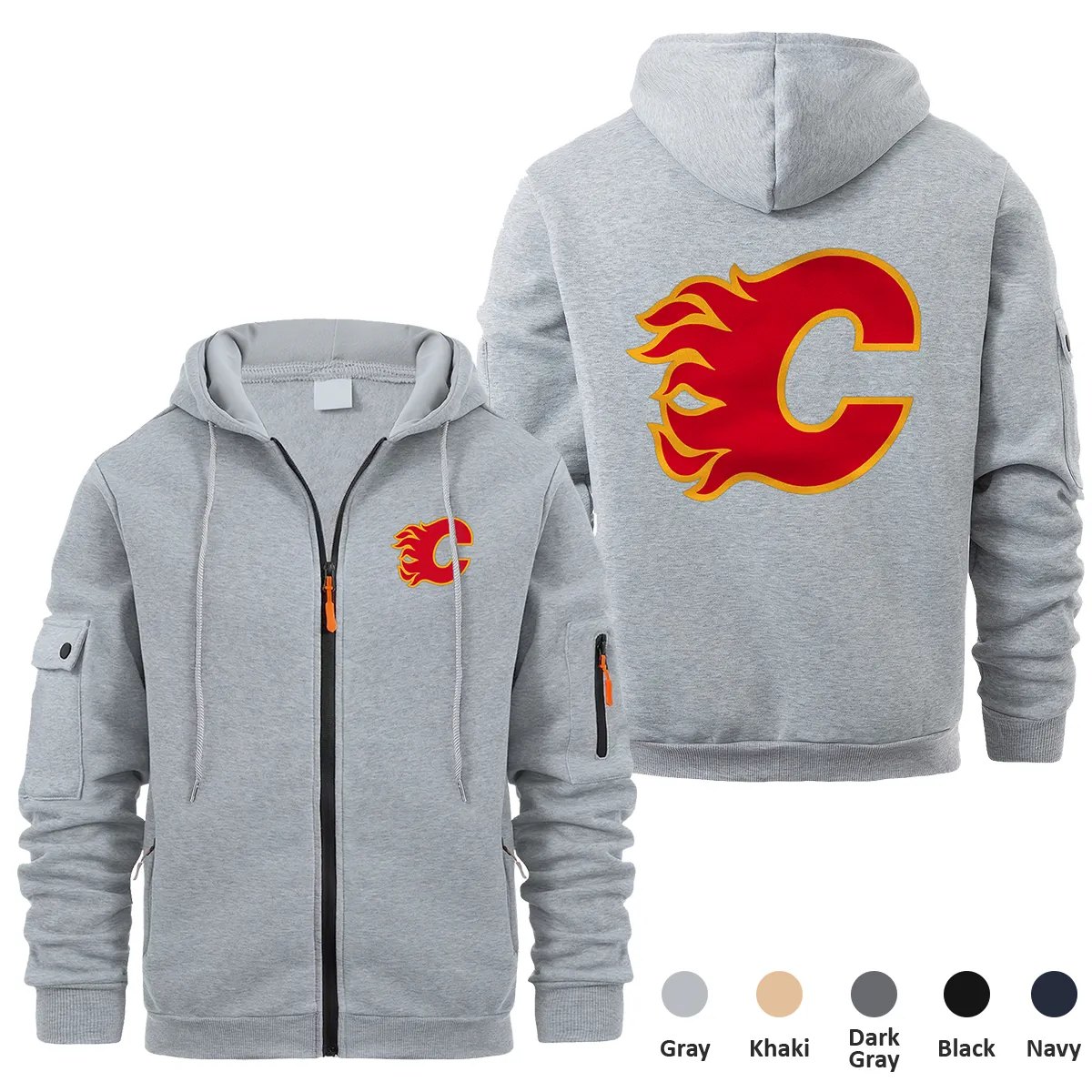 Calgary Flames NHL Exclusive Logo Full Zipper Sweatshirt Hoodie with Arm Pocket MFY241114CFFZH - Gray