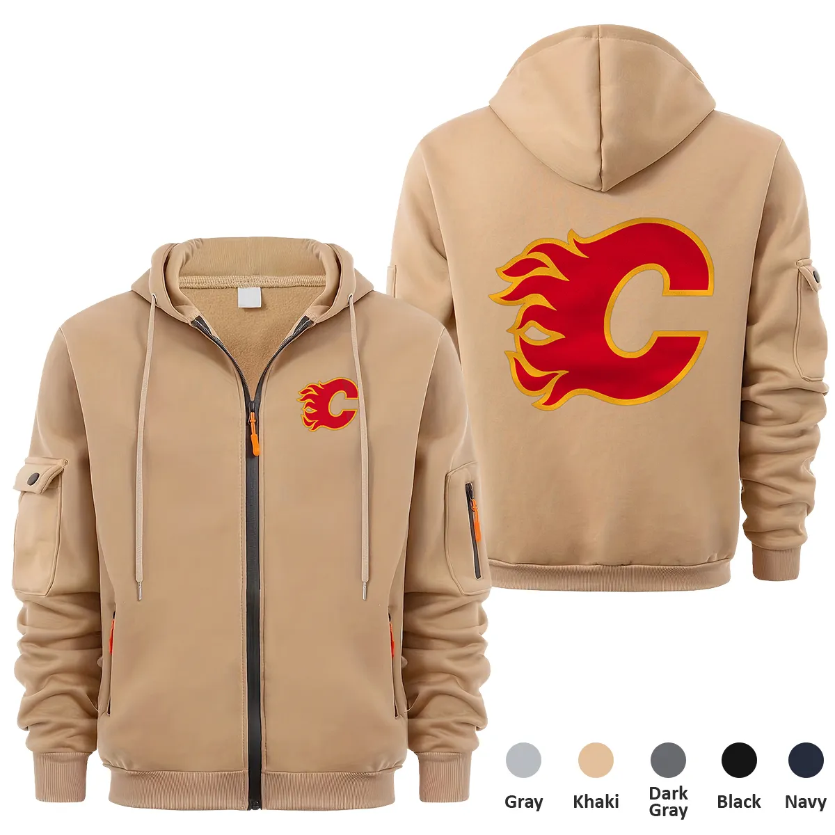 Calgary Flames NHL Exclusive Logo Full Zipper Sweatshirt Hoodie with Arm Pocket MFY241114CFFZH - Khaki