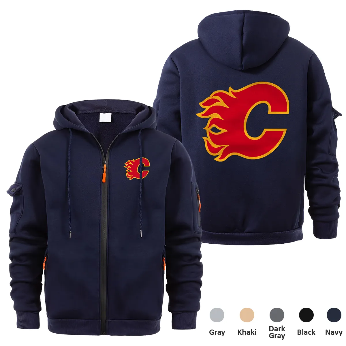 Calgary Flames NHL Exclusive Logo Full Zipper Sweatshirt Hoodie with Arm Pocket MFY241114CFFZH - Navy