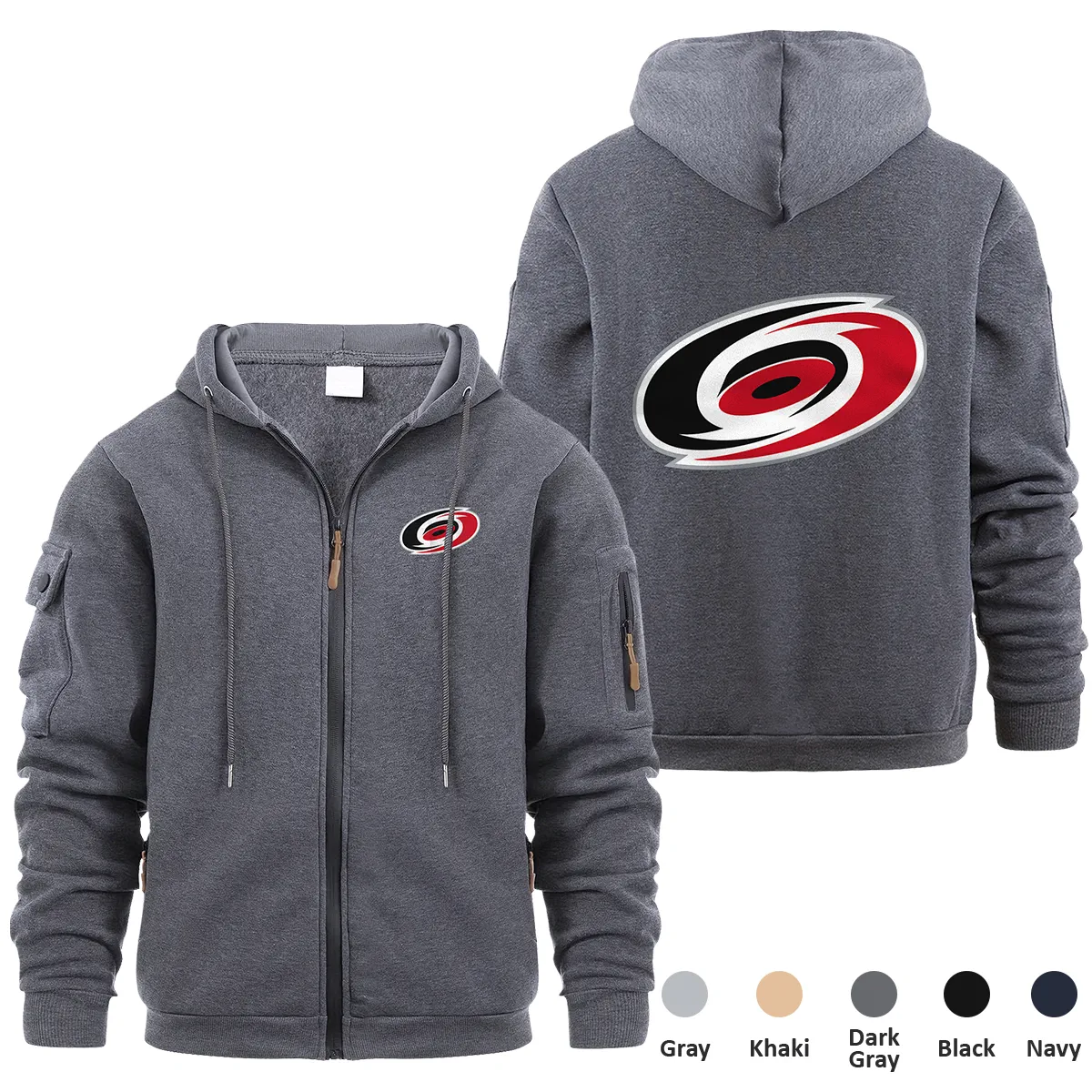 Carolina Hurricanes NHL Exclusive Logo Full Zipper Sweatshirt Hoodie with Arm Pocket MFY241114CHFZH - Dark Gray