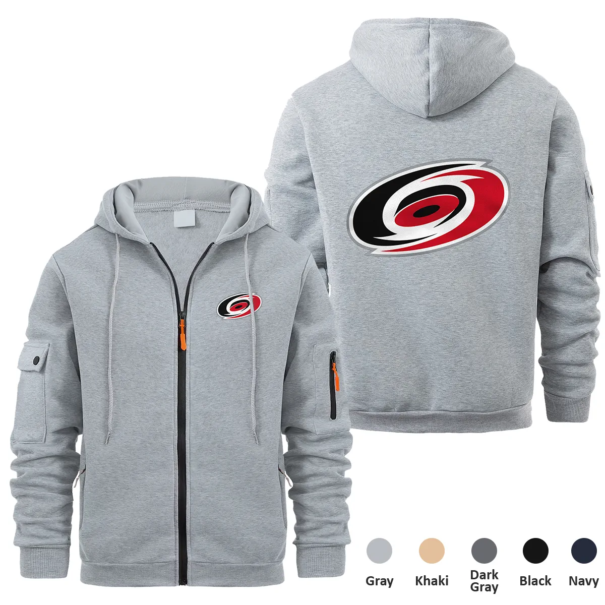 Carolina Hurricanes NHL Exclusive Logo Full Zipper Sweatshirt Hoodie with Arm Pocket MFY241114CHFZH - Gray