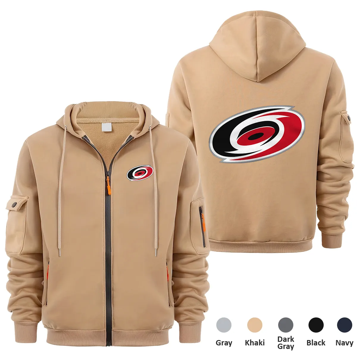 Carolina Hurricanes NHL Exclusive Logo Full Zipper Sweatshirt Hoodie with Arm Pocket MFY241114CHFZH - Khaki