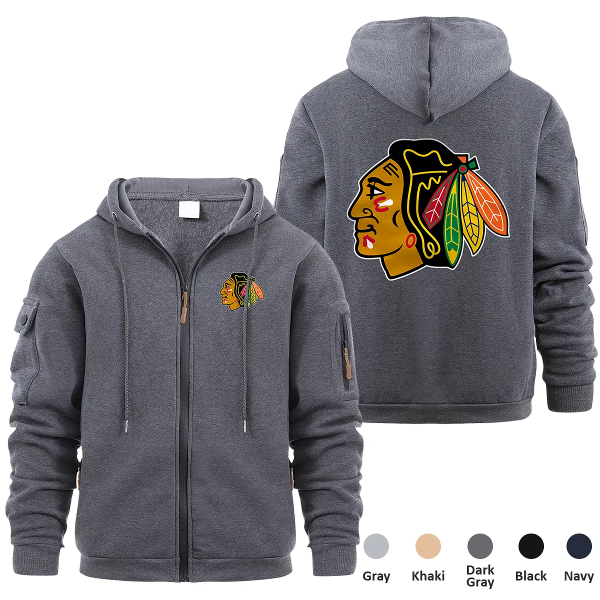 Chicago Blackhawks NHL Exclusive Logo Full Zipper Sweatshirt Hoodie with Arm Pocket MFY241114CBFZH - Dark Gray