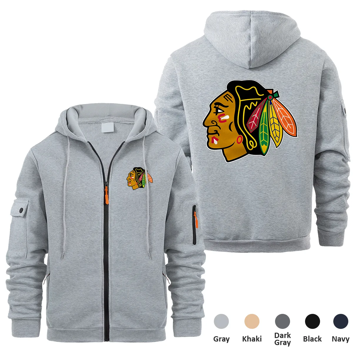 Chicago Blackhawks NHL Exclusive Logo Full Zipper Sweatshirt Hoodie with Arm Pocket MFY241114CBFZH - Gray