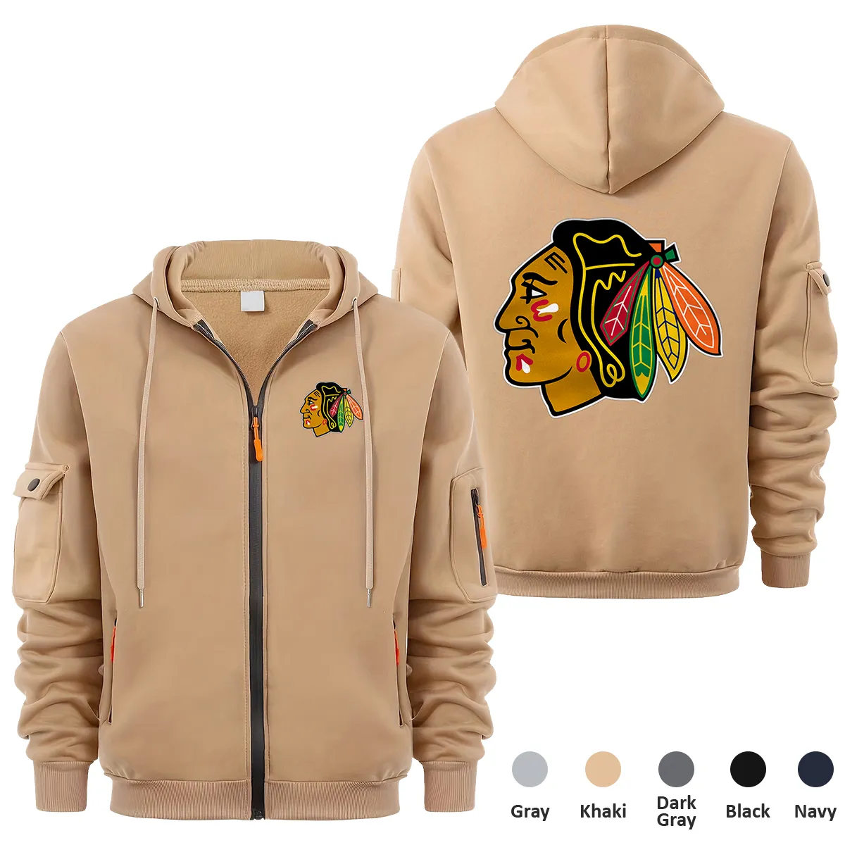 Chicago Blackhawks NHL Exclusive Logo Full Zipper Sweatshirt Hoodie with Arm Pocket MFY241114CBFZH - Khaki