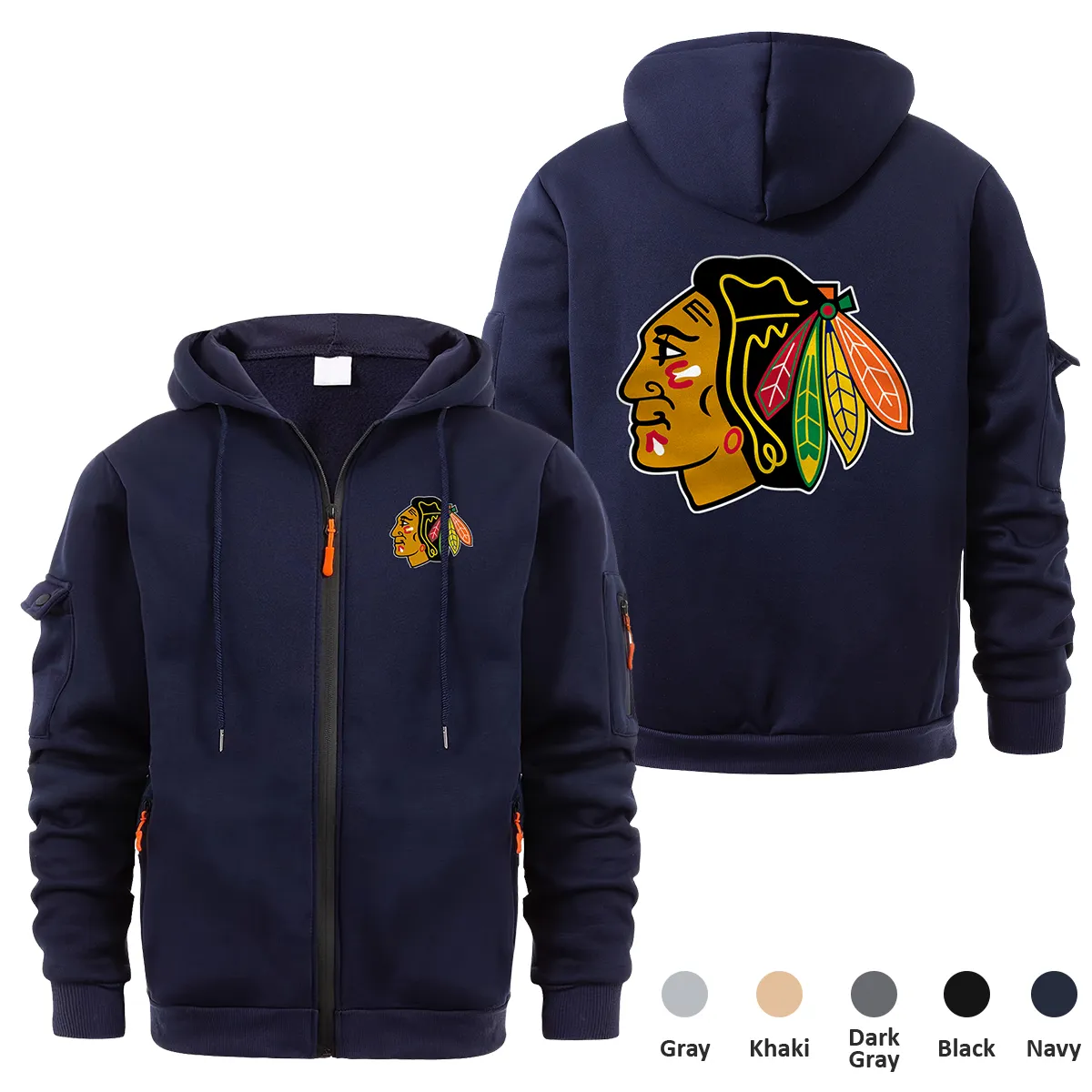 Chicago Blackhawks NHL Exclusive Logo Full Zipper Sweatshirt Hoodie with Arm Pocket MFY241114CBFZH - Navy