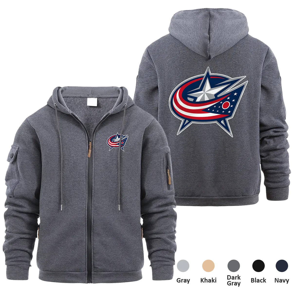 Columbus Blue Jackets NHL Exclusive Logo Full Zipper Sweatshirt Hoodie with Arm Pocket MFY241114CBJFZH - Dark Gray