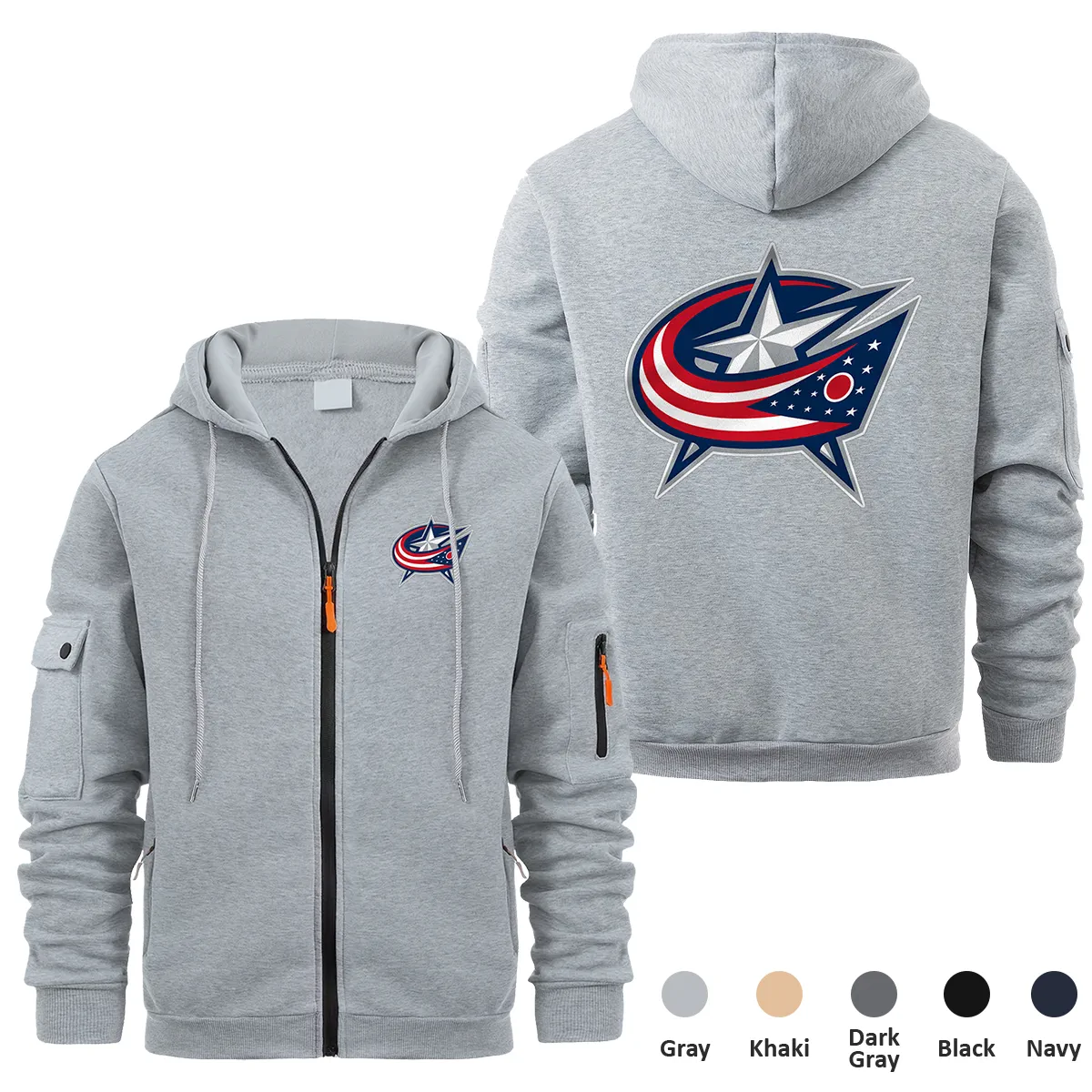 Columbus Blue Jackets NHL Exclusive Logo Full Zipper Sweatshirt Hoodie with Arm Pocket MFY241114CBJFZH - Gray