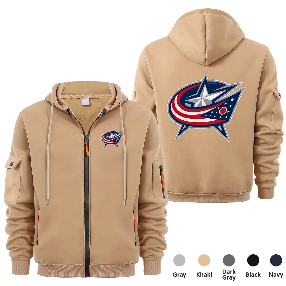 Columbus Blue Jackets NHL Exclusive Logo Full Zipper Sweatshirt Hoodie with Arm Pocket MFY241114CBJFZH - Khaki