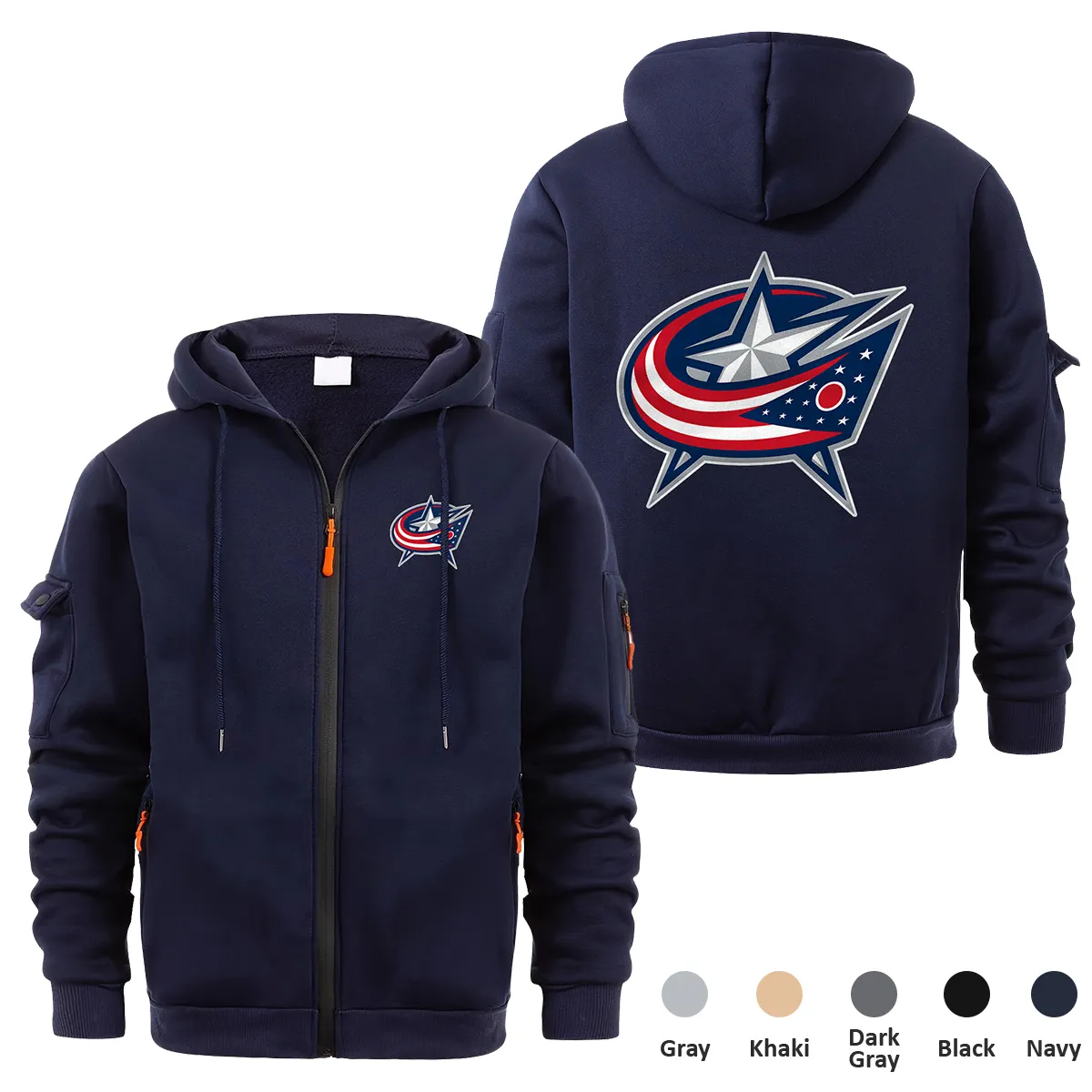 Columbus Blue Jackets NHL Exclusive Logo Full Zipper Sweatshirt Hoodie with Arm Pocket MFY241114CBJFZH - Navy