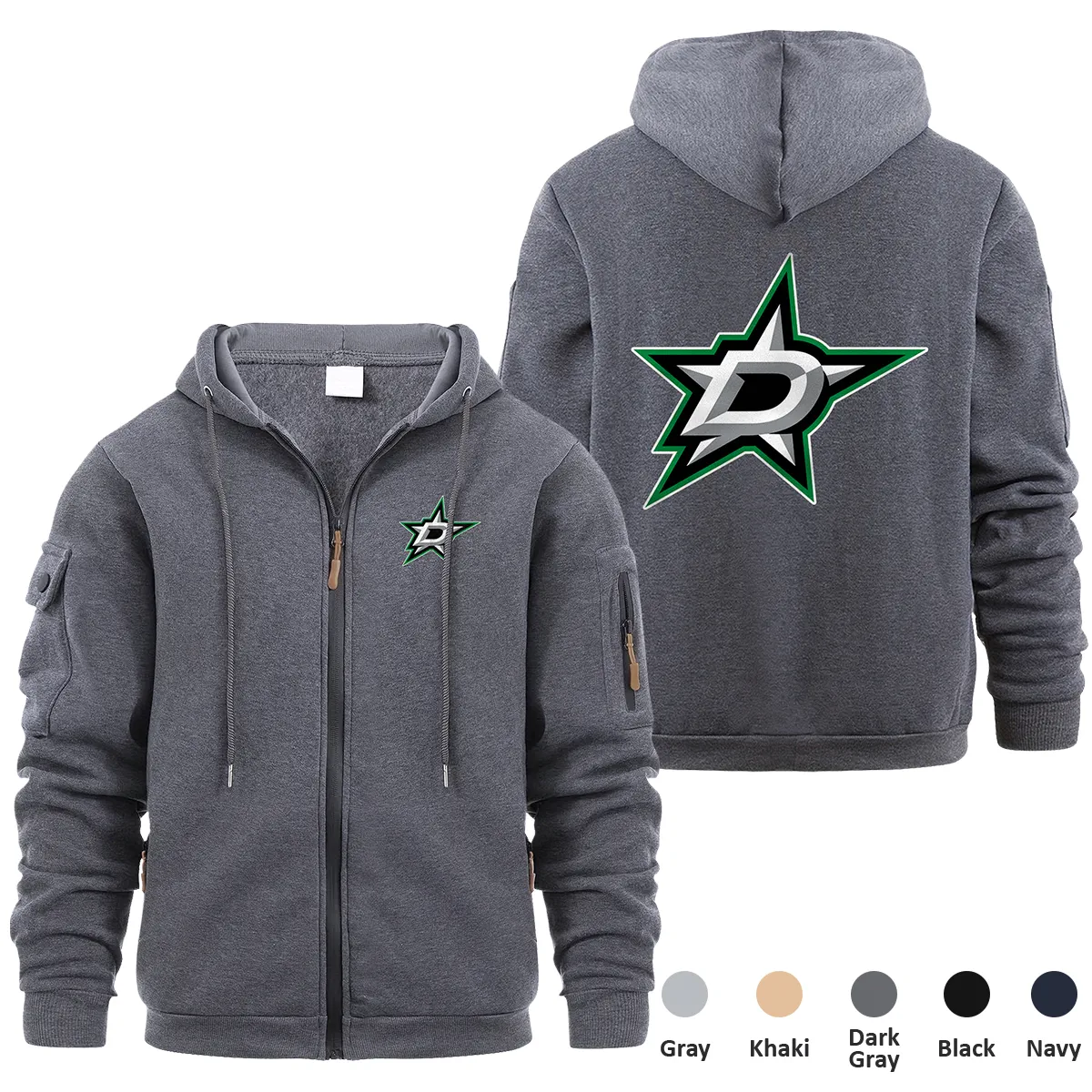 Dallas Stars NHL Exclusive Logo Full Zipper Sweatshirt Hoodie with Arm Pocket MFY241114DSFZH - Dark Gray