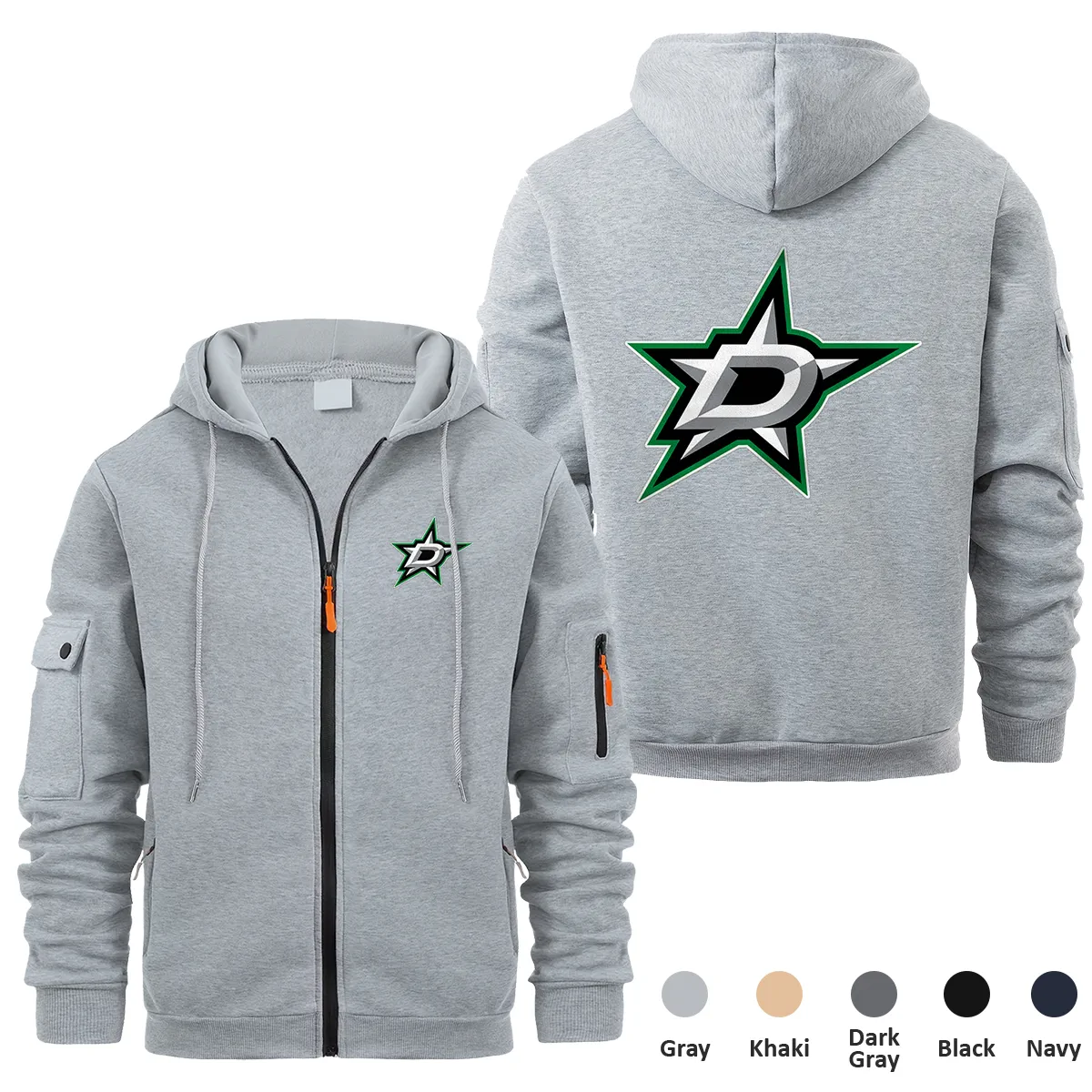 Dallas Stars NHL Exclusive Logo Full Zipper Sweatshirt Hoodie with Arm Pocket MFY241114DSFZH - Gray