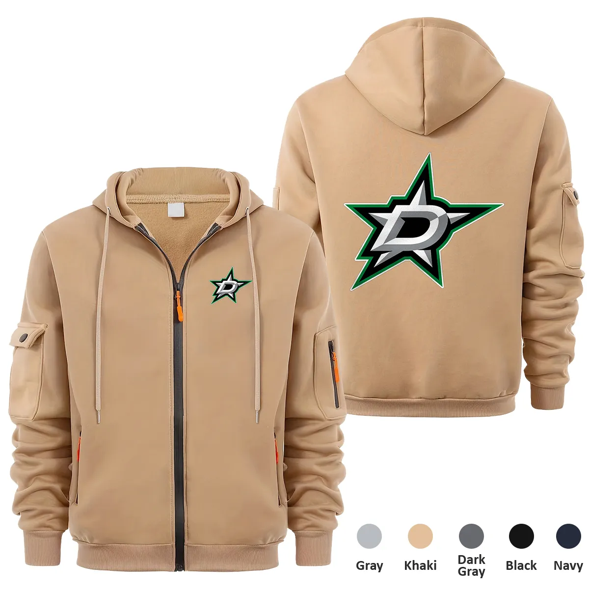 Dallas Stars NHL Exclusive Logo Full Zipper Sweatshirt Hoodie with Arm Pocket MFY241114DSFZH - Khaki