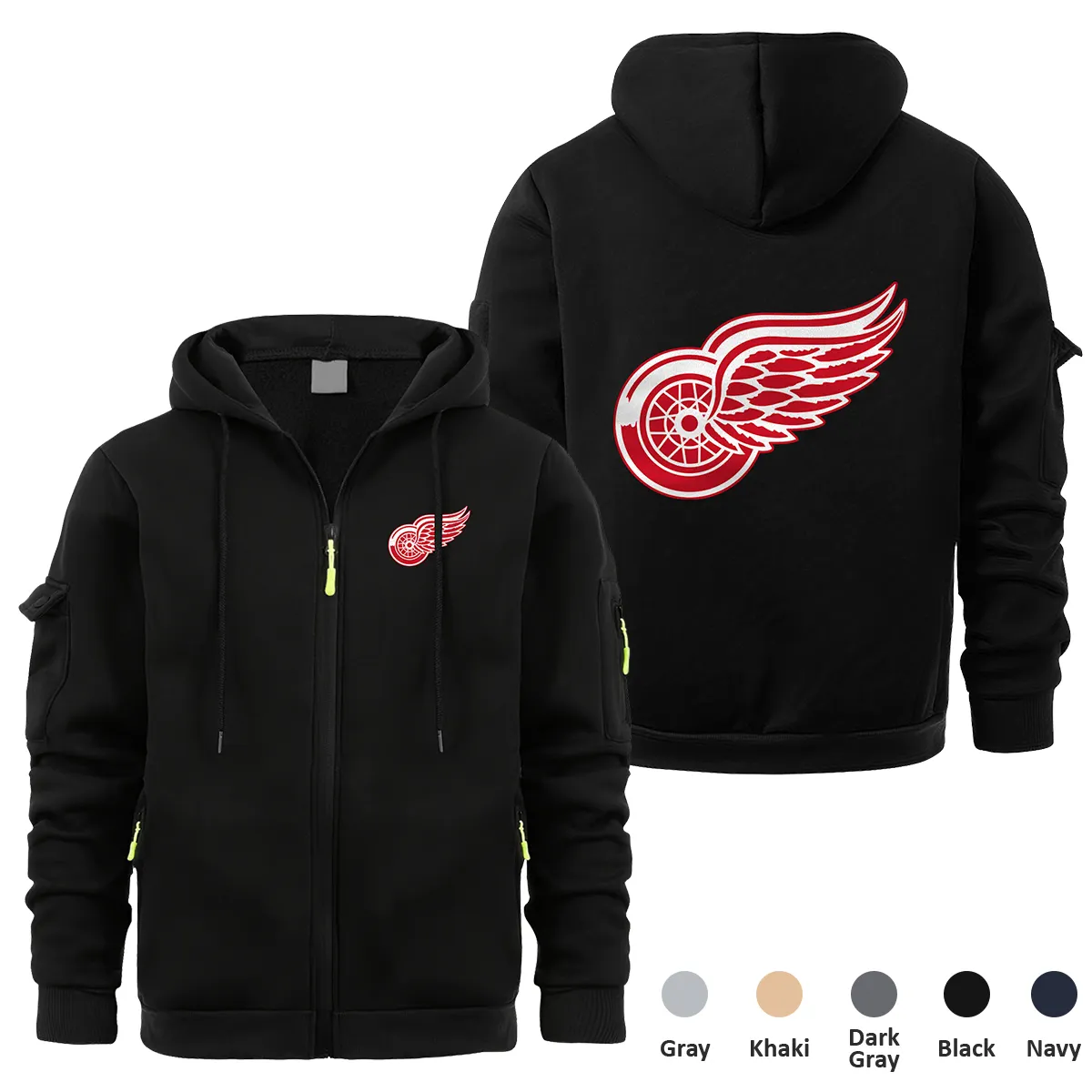 Detroit Red Wings NHL Exclusive Logo Full Zipper Sweatshirt Hoodie with Arm Pocket MFY241114DRWFZH - Black