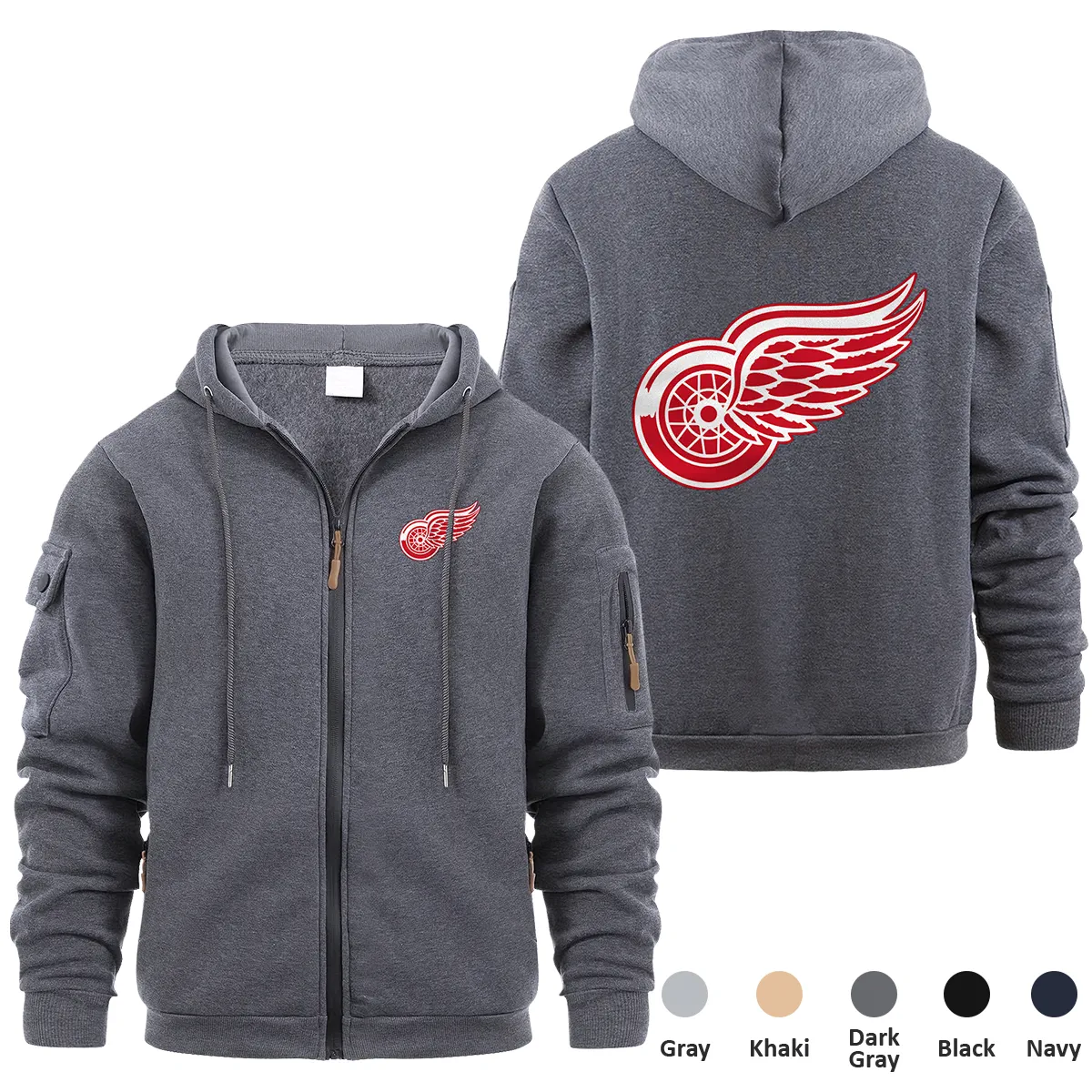 Detroit Red Wings NHL Exclusive Logo Full Zipper Sweatshirt Hoodie with Arm Pocket MFY241114DRWFZH - Dark Gray