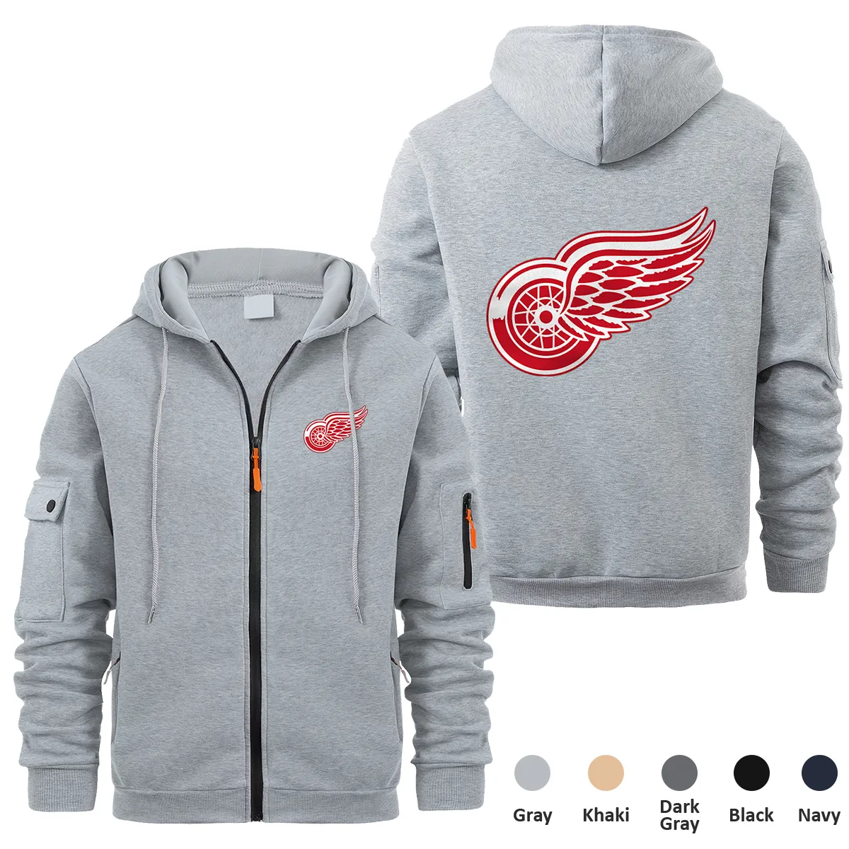 Detroit Red Wings NHL Exclusive Logo Full Zipper Sweatshirt Hoodie with Arm Pocket MFY241114DRWFZH - Gray