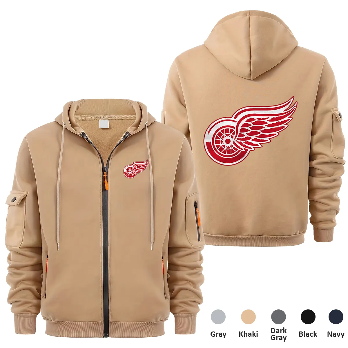 Detroit Red Wings NHL Exclusive Logo Full Zipper Sweatshirt Hoodie with Arm Pocket MFY241114DRWFZH - Khaki