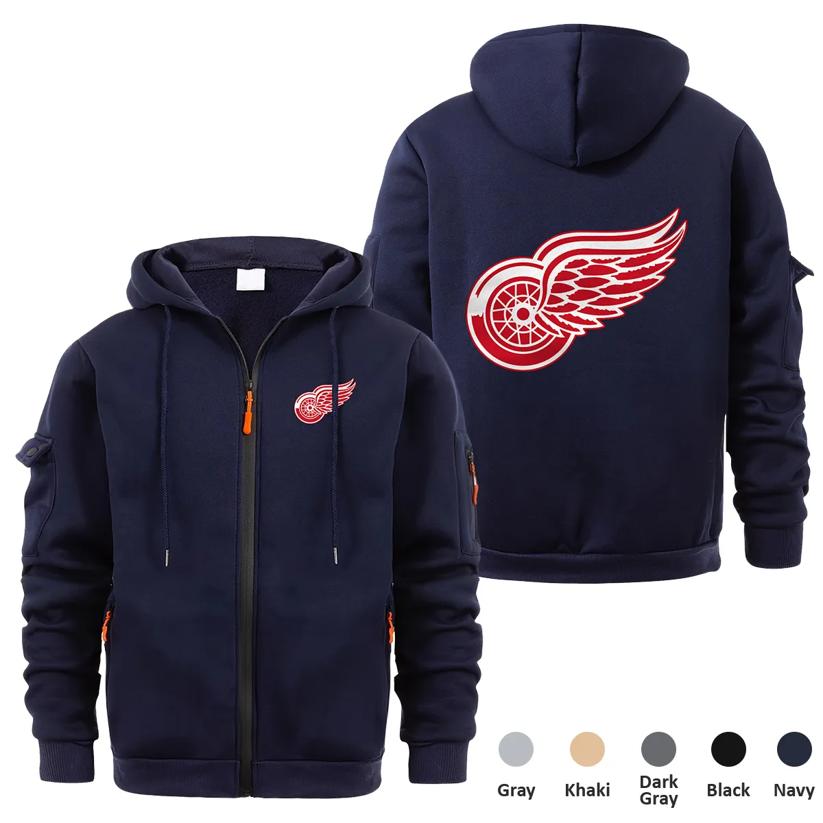 Detroit Red Wings NHL Exclusive Logo Full Zipper Sweatshirt Hoodie with Arm Pocket MFY241114DRWFZH - Navy