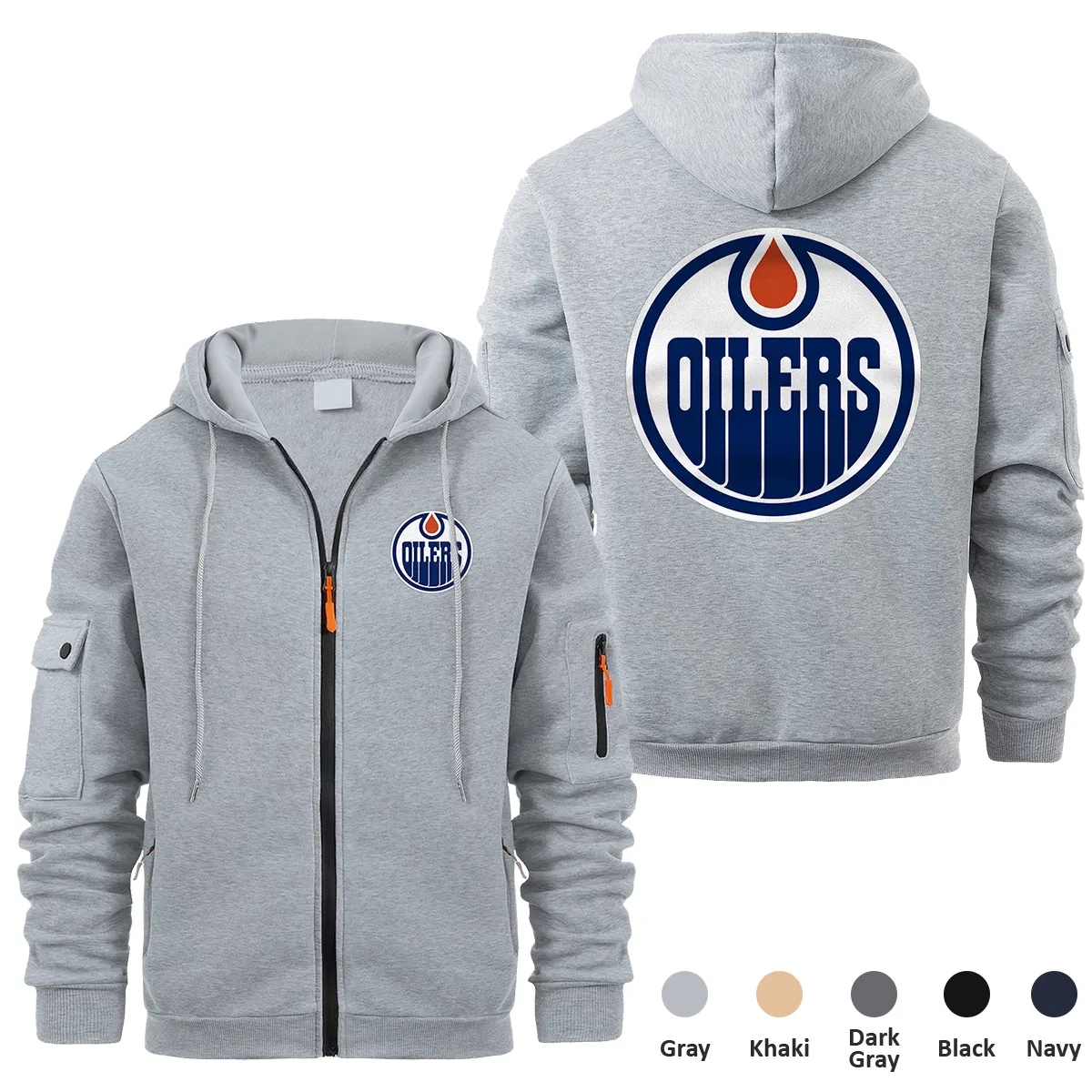 Edmonton Oilers NHL Exclusive Logo Full Zipper Sweatshirt Hoodie with Arm Pocket MFY241114EOFZH - Gray