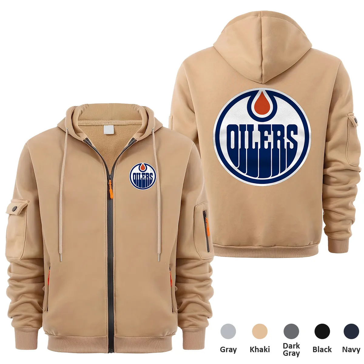 Edmonton Oilers NHL Exclusive Logo Full Zipper Sweatshirt Hoodie with Arm Pocket MFY241114EOFZH - Khaki