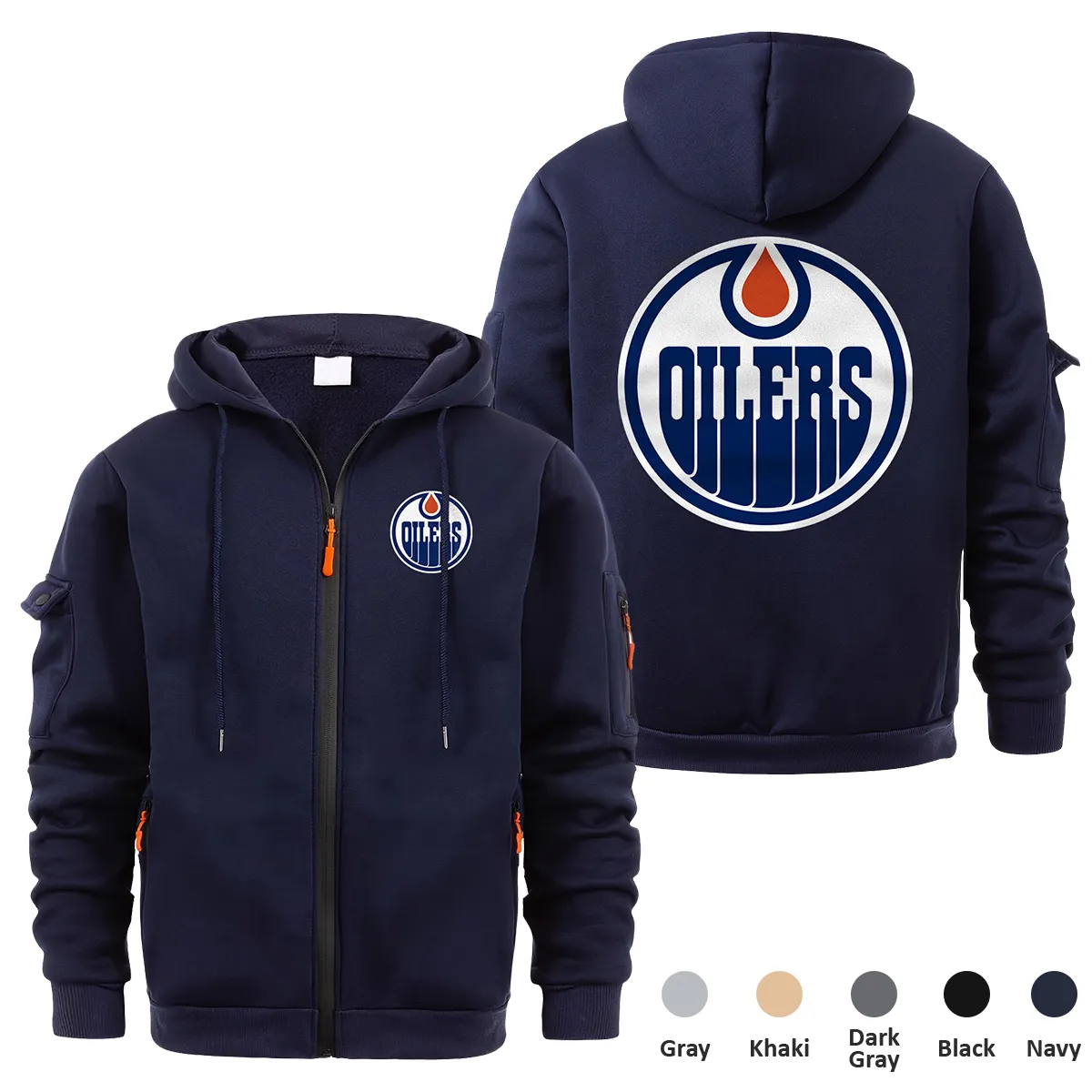 Edmonton Oilers NHL Exclusive Logo Full Zipper Sweatshirt Hoodie with Arm Pocket MFY241114EOFZH - Navy