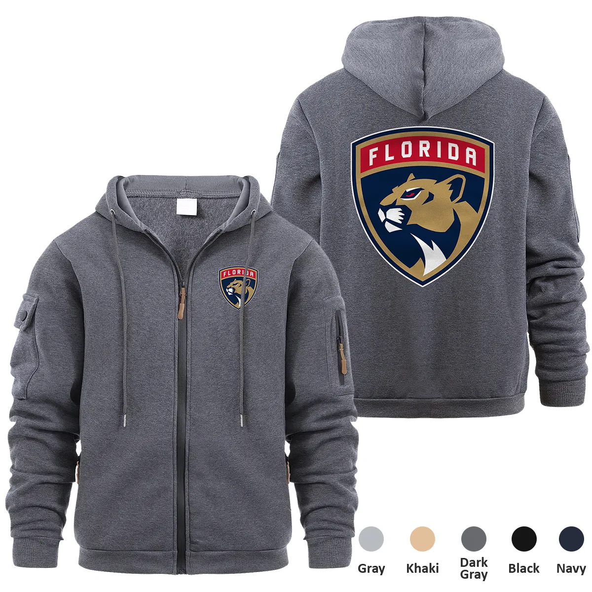 Florida Panthers NHL Exclusive Logo Full Zipper Sweatshirt Hoodie with Arm Pocket MFY241114FPFZH - Dark Gray