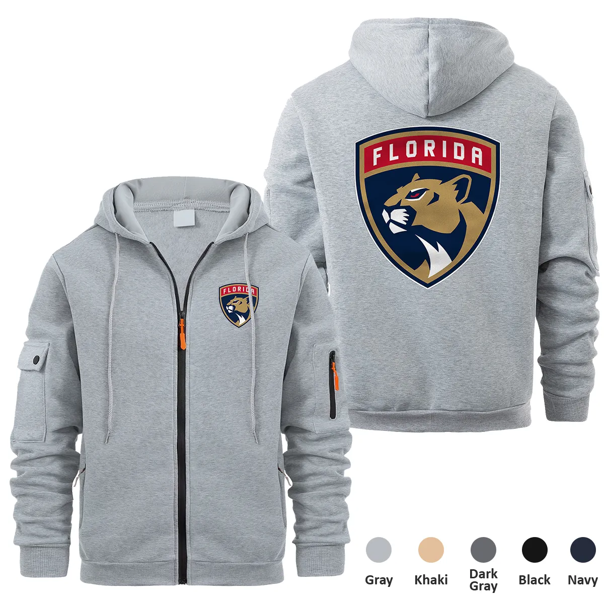 Florida Panthers NHL Exclusive Logo Full Zipper Sweatshirt Hoodie with Arm Pocket MFY241114FPFZH - Gray