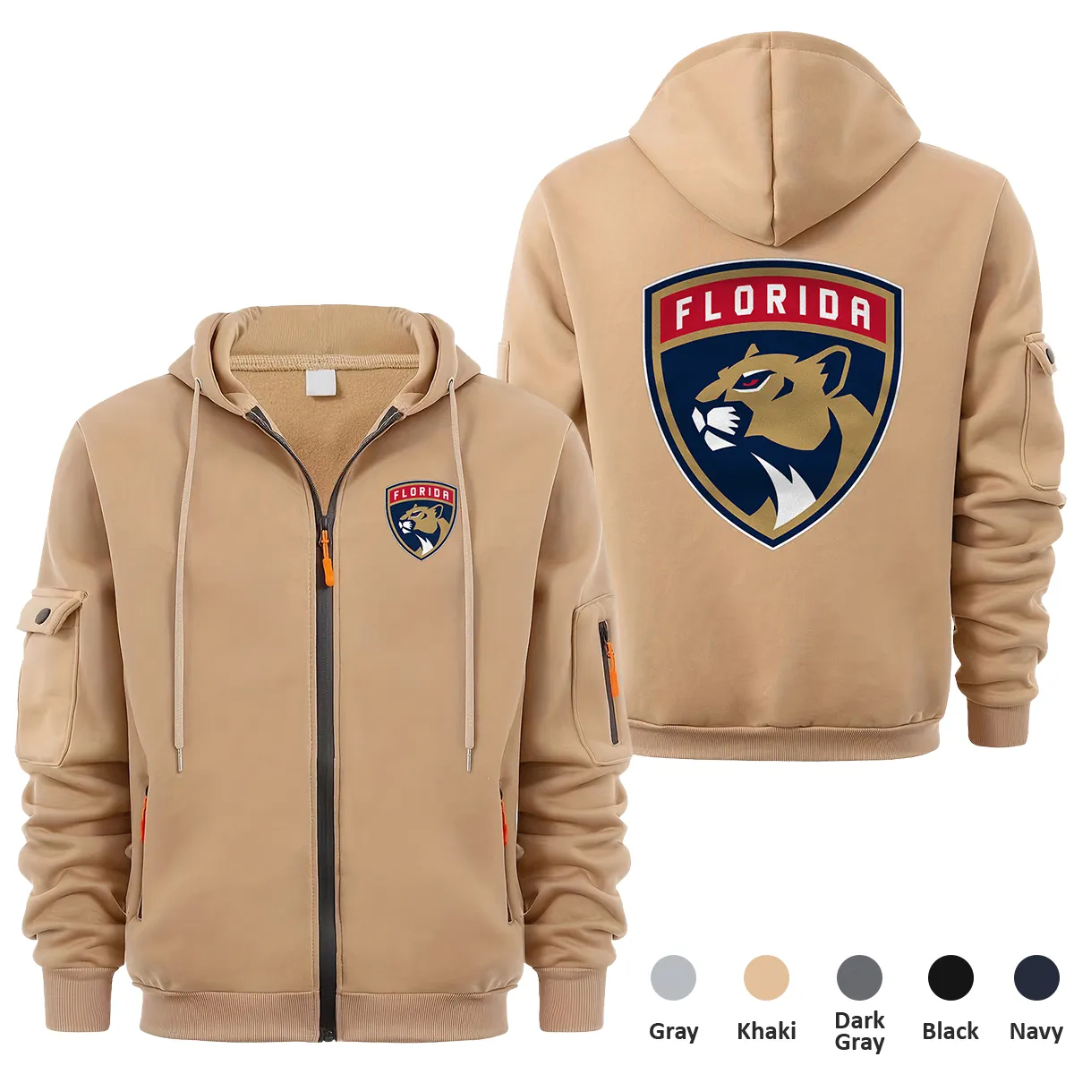 Florida Panthers NHL Exclusive Logo Full Zipper Sweatshirt Hoodie with Arm Pocket MFY241114FPFZH - Khaki